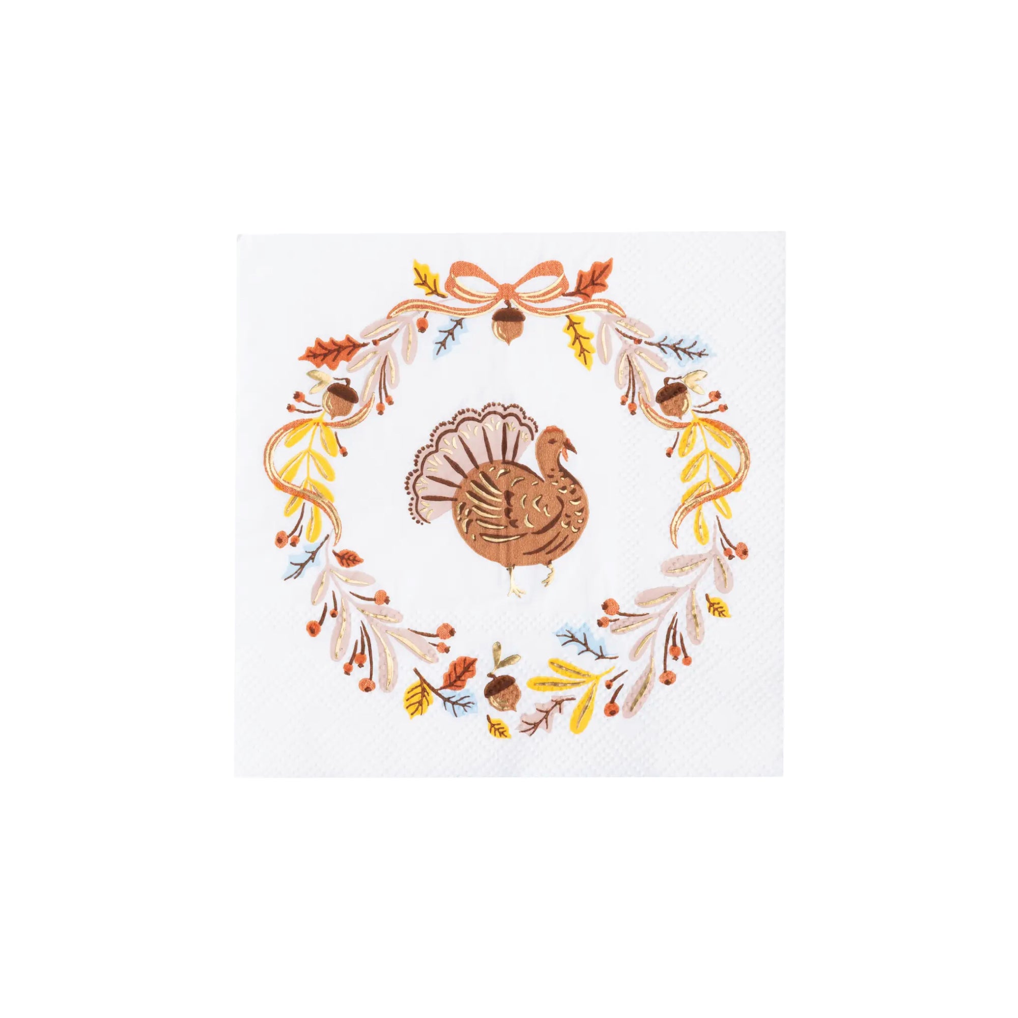 Fall Foliage Turkey Dessert Napkins with turkey and autumn foliage wreath