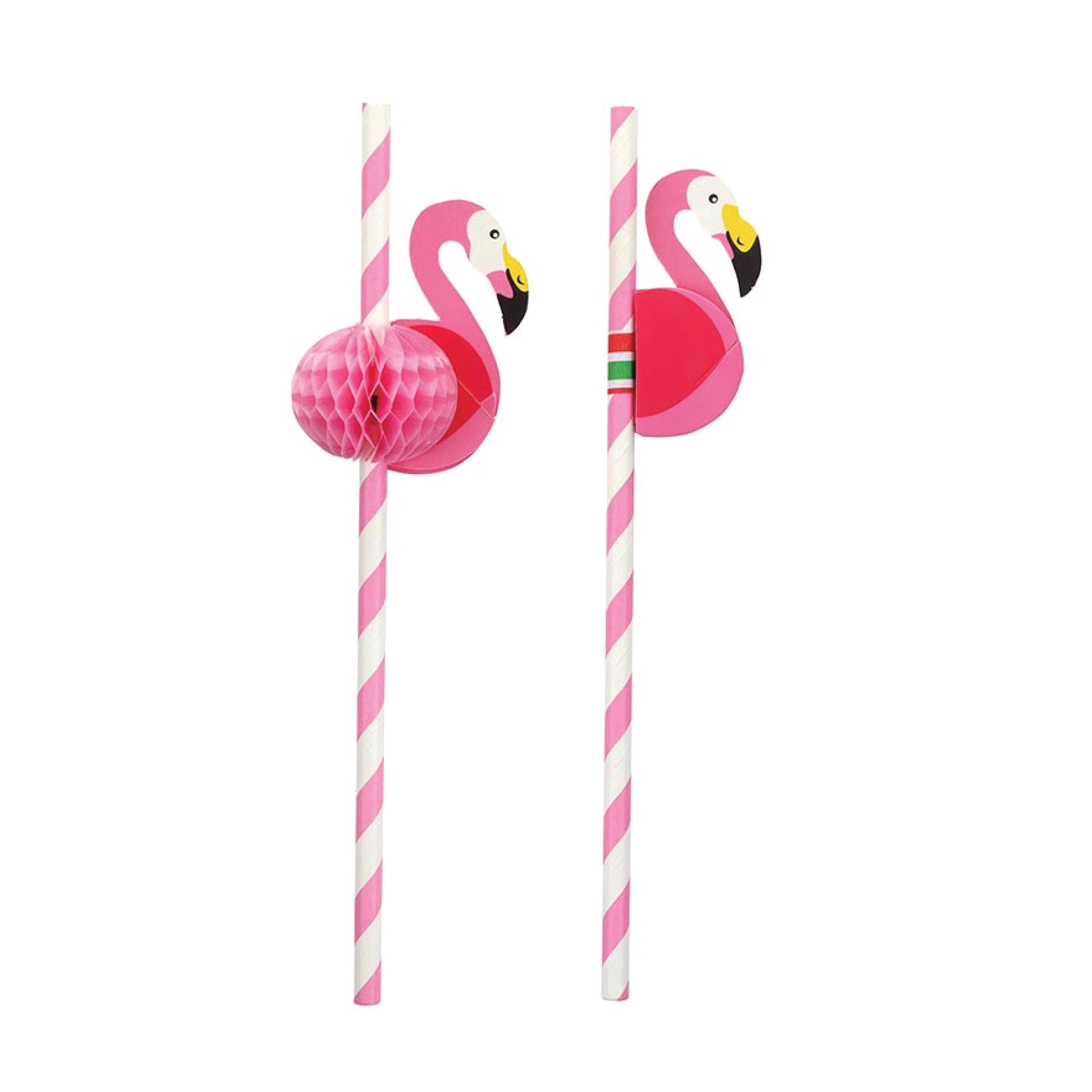 Pink and white striped paper straw with flamingo topper