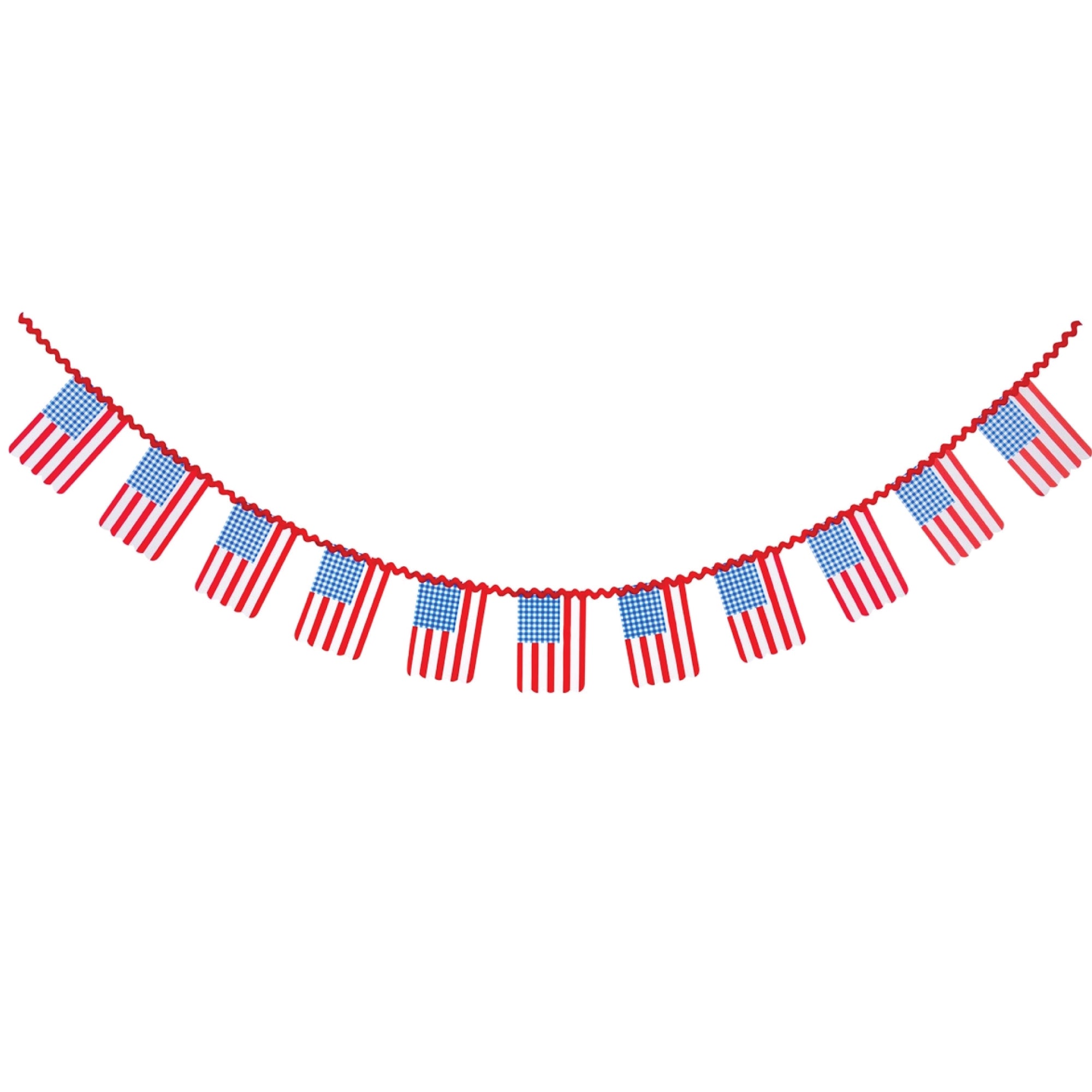 Gingham flag banner with red stripes and blue check pattern