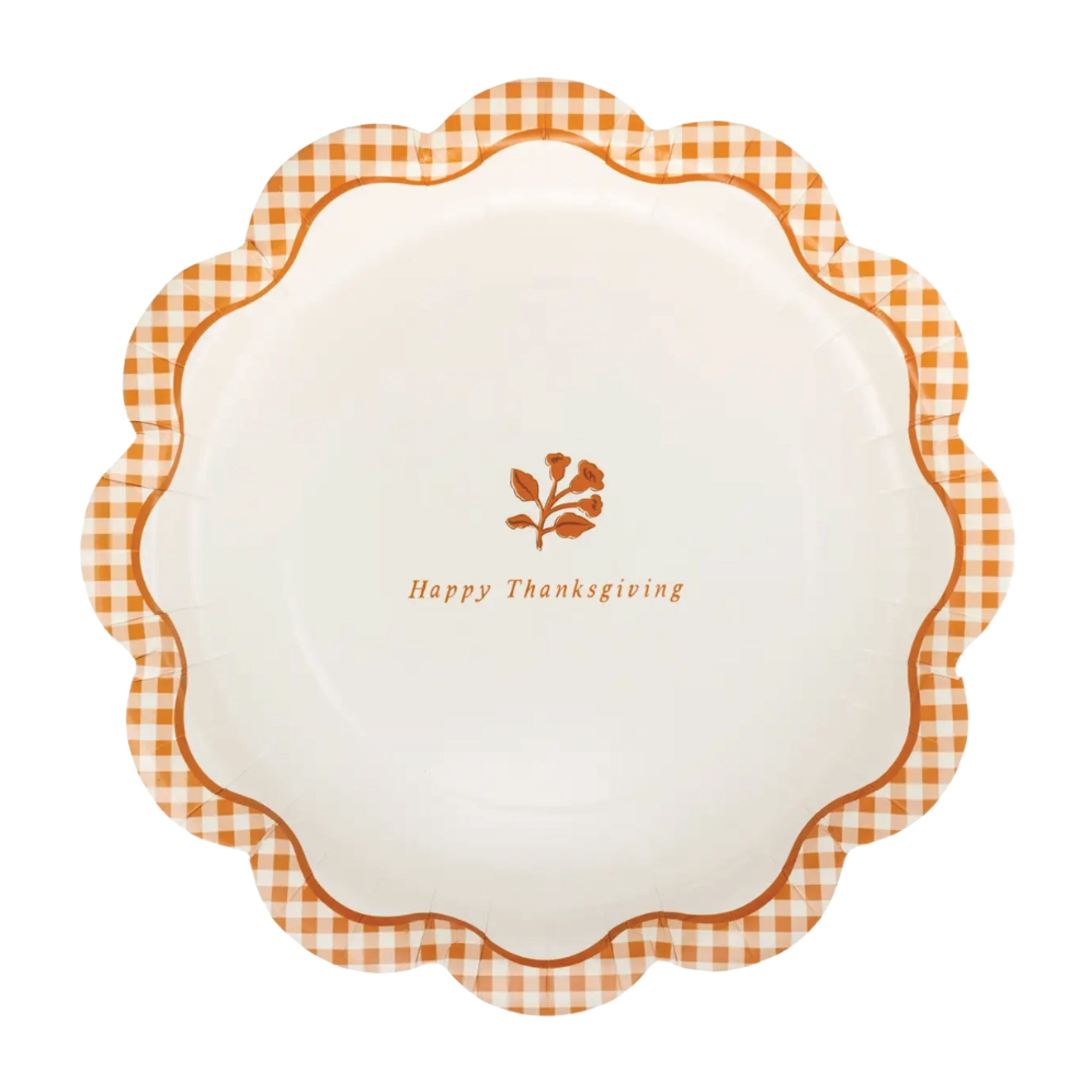 Gingham Happy Thanksgiving Dinner Plate with orange scalloped border