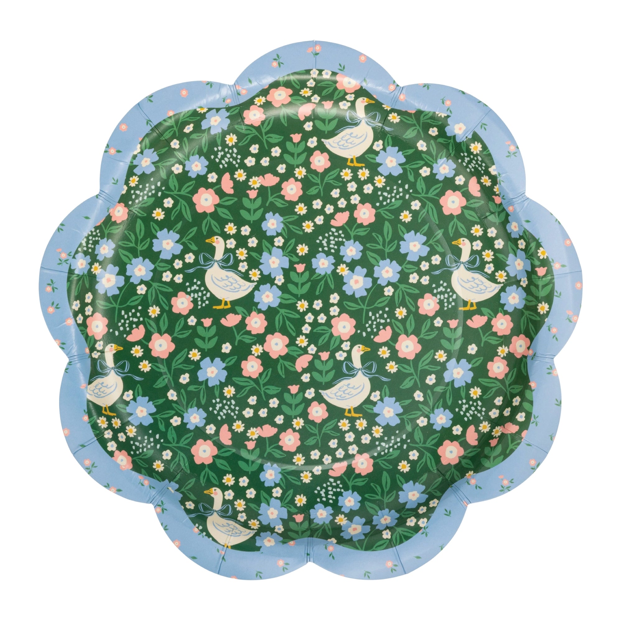 Green floral scalloped lunch plate with goose pattern