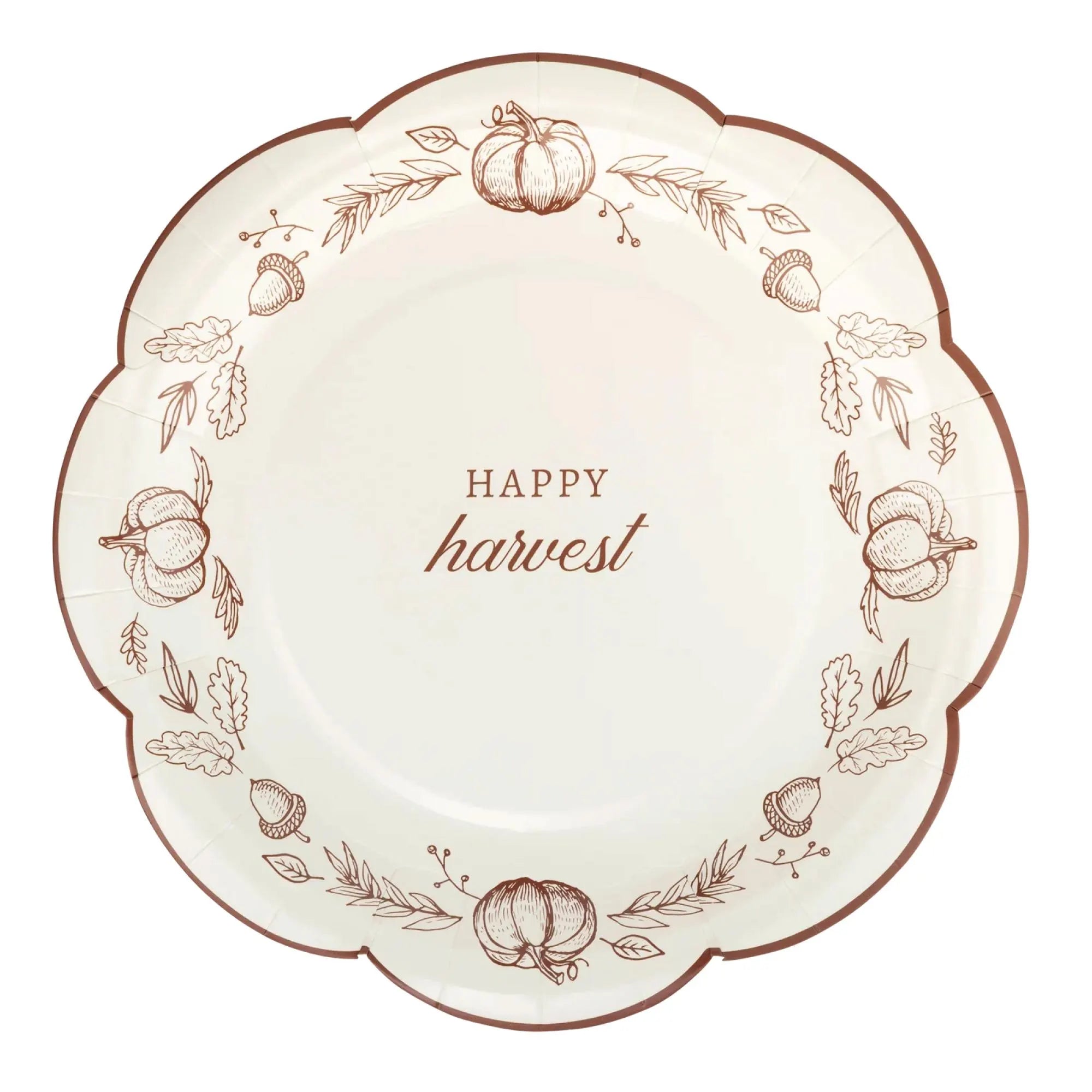 Happy Harvest Scalloped Paper Lunch Plate with cream and brown design