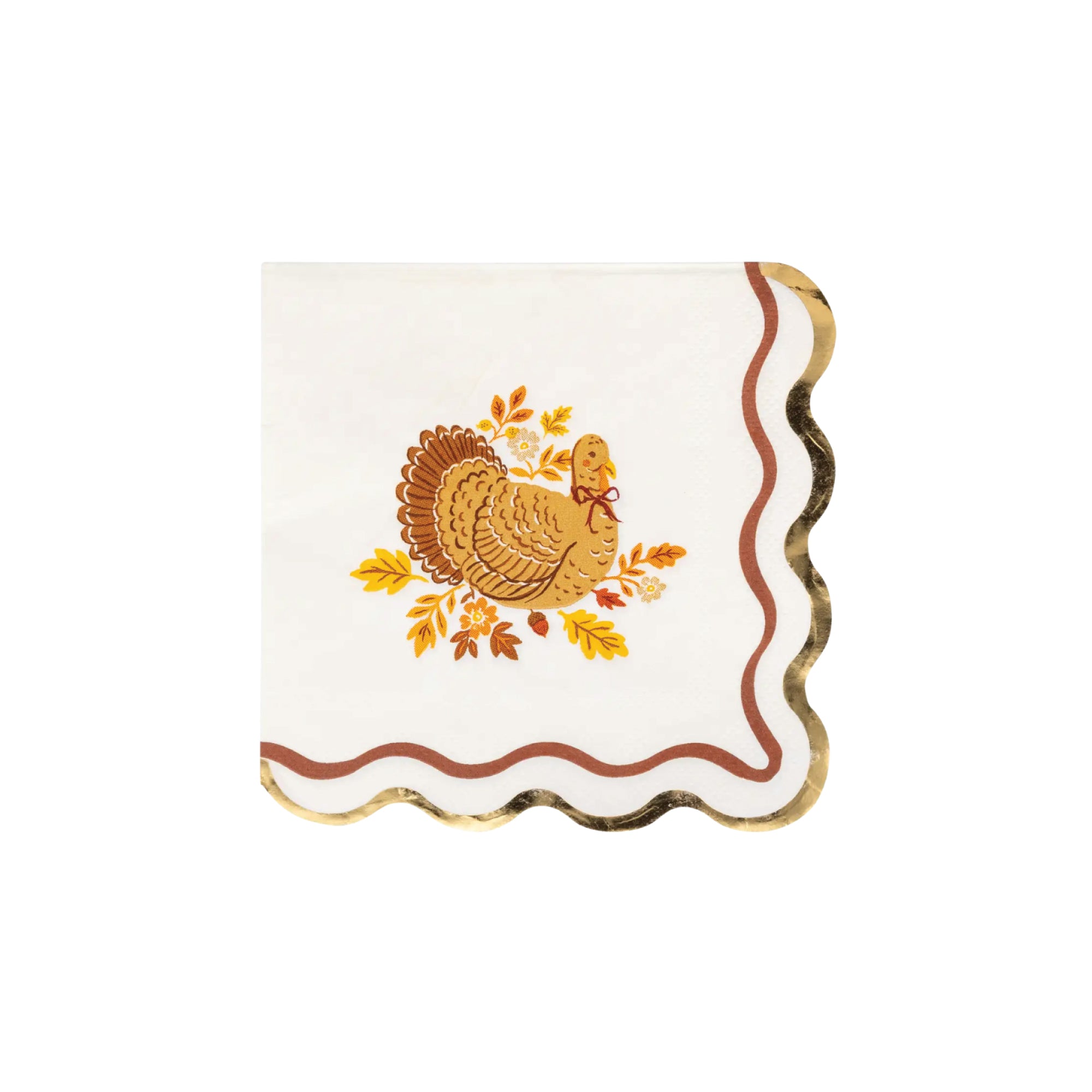 Harvest Turkey Dessert Napkins with fall foliage and gold foil edge