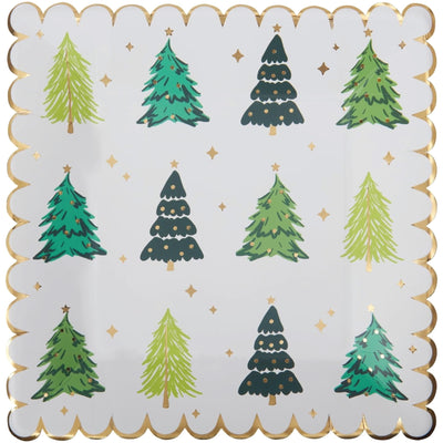 Holiday Trees Scalloped Square Dinner Plates 8ct