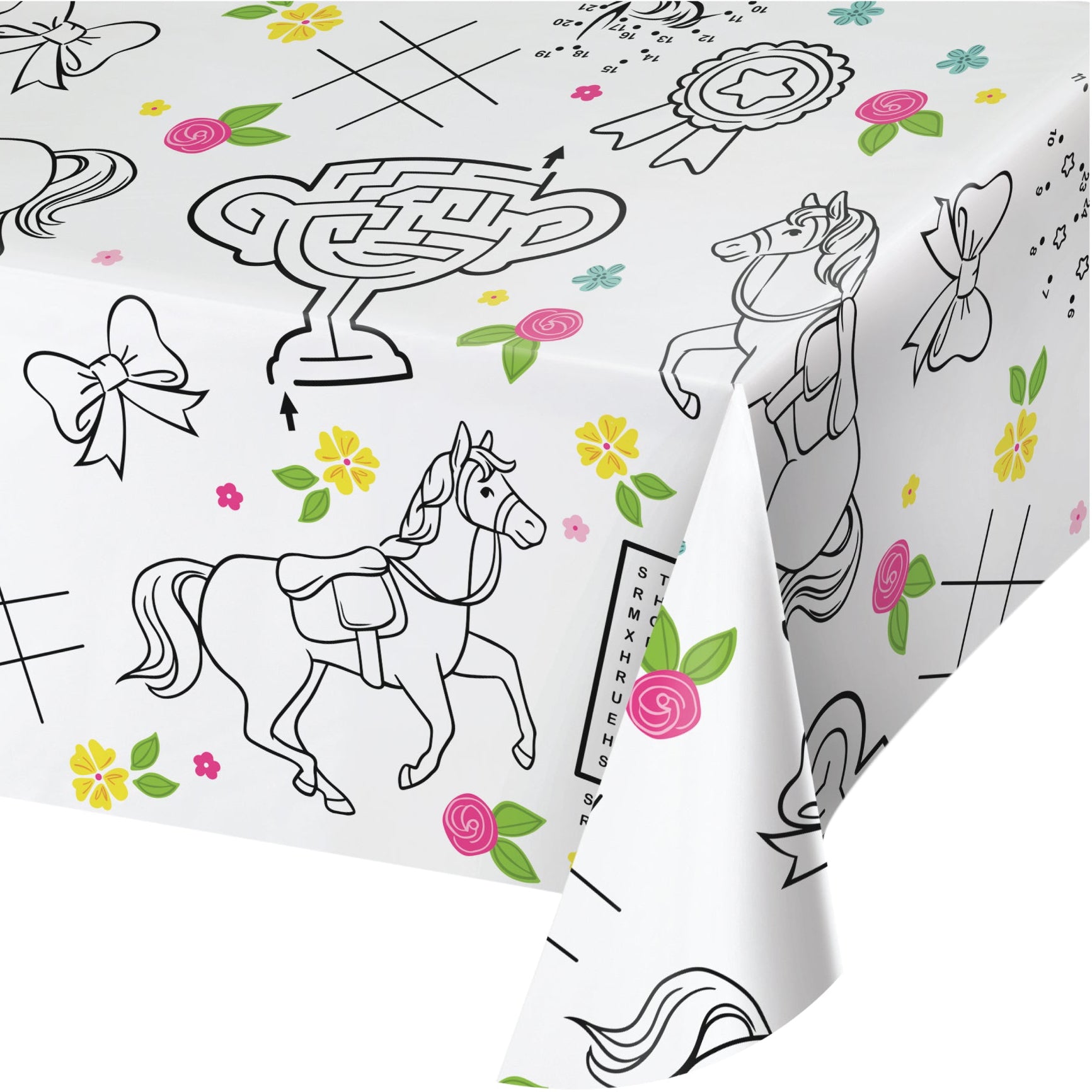 Horse-themed paper activity table cover with coloring designs