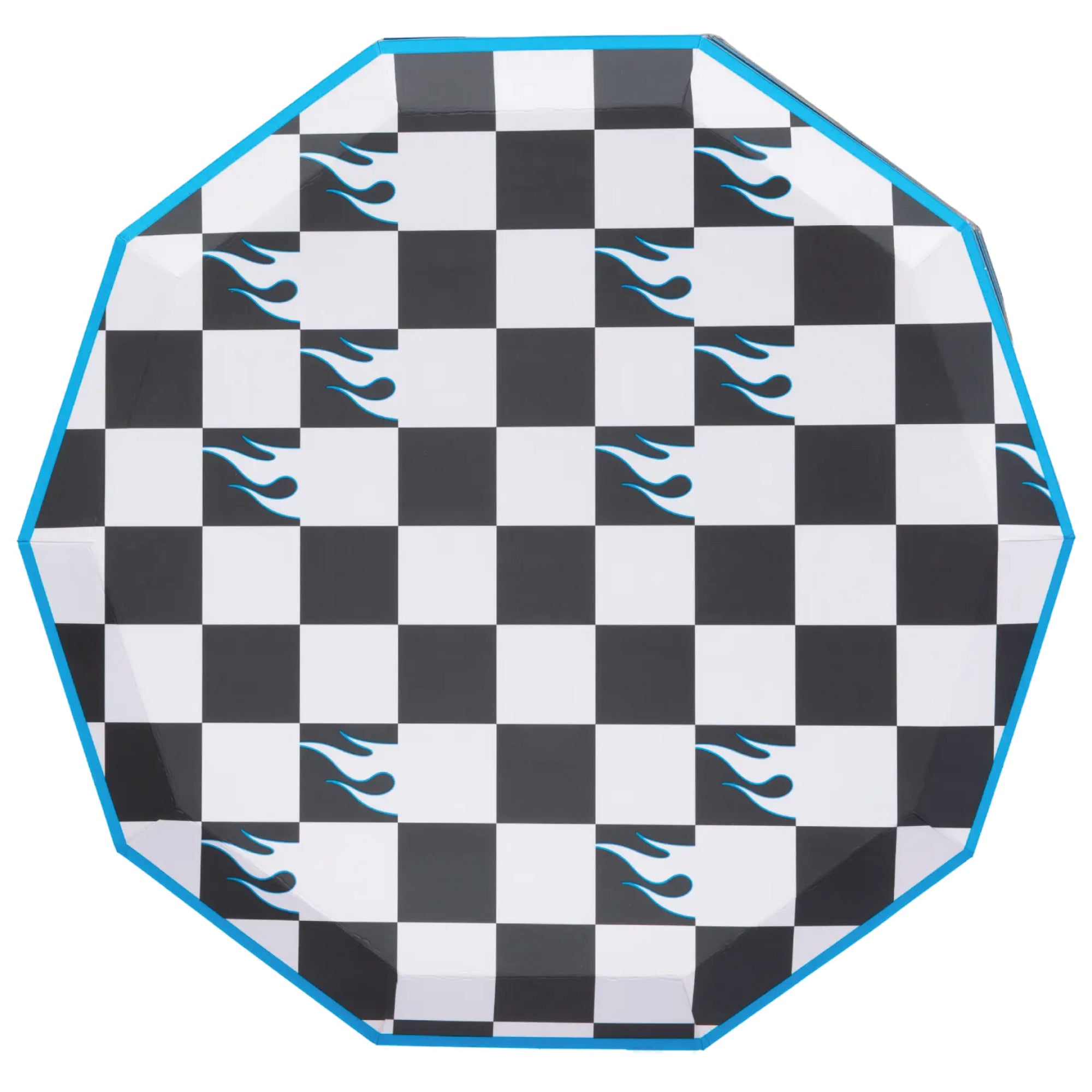 Hot Wheels themed paper dinner plates with blue flames