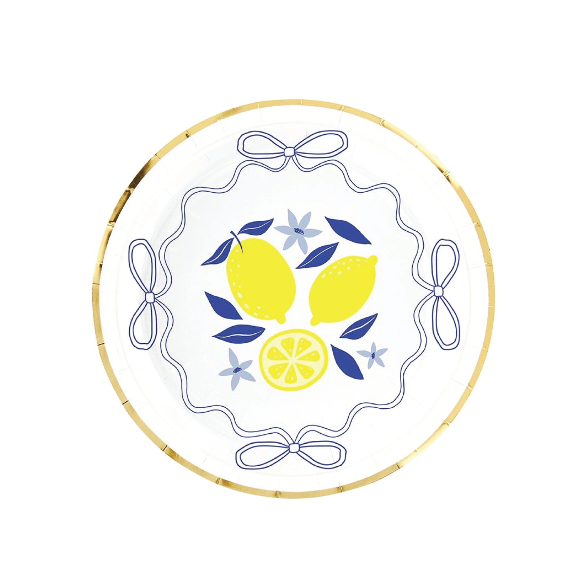 Round lemon dessert plate with blue bows and gold rim