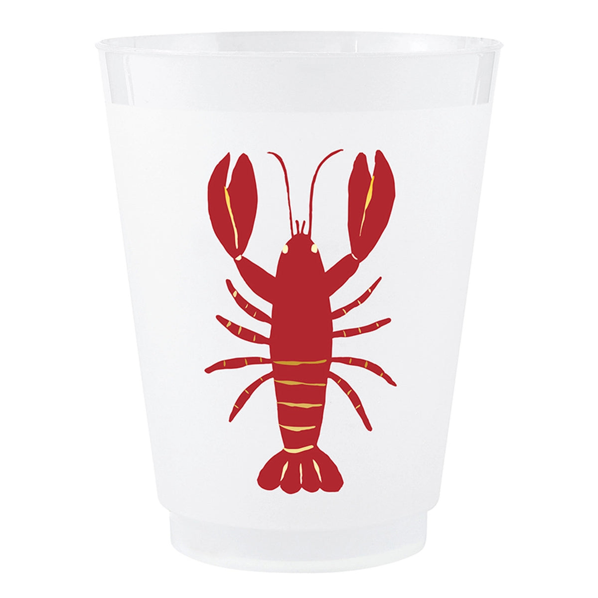 Frosted plastic party cup with red lobster illustration and gold foil accents