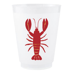 Frosted plastic party cup with red lobster illustration and gold foil accents