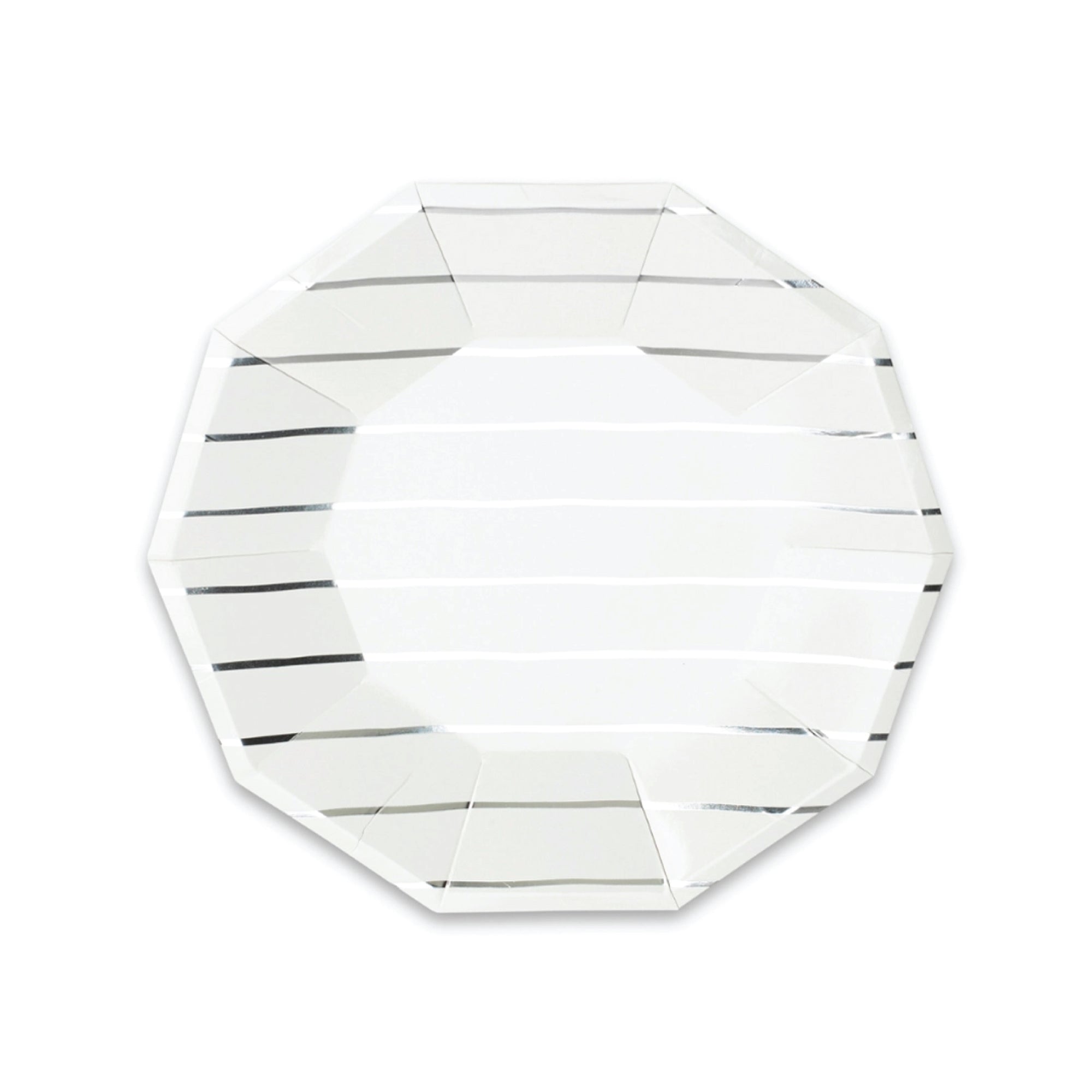 Decagon-shaped metallic silver striped dessert paper plate