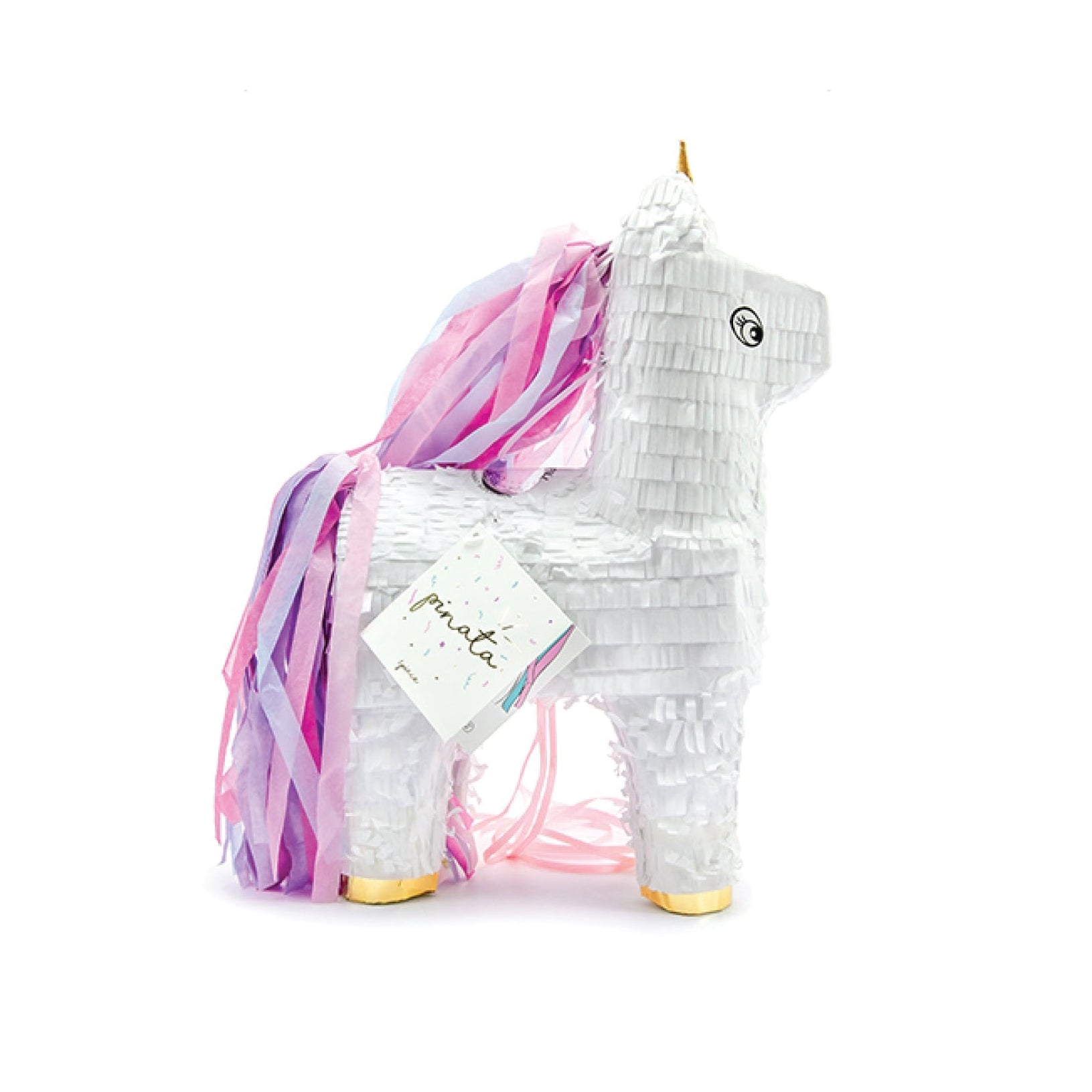 Mini unicorn piñata centerpiece with pastel ribbon mane