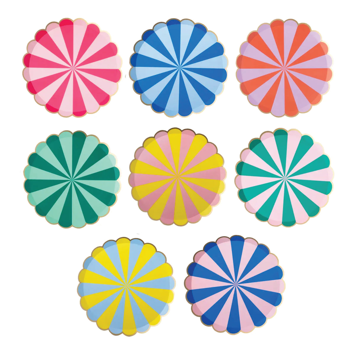 Multicolor Striped Scalloped Lunch Plates featuring assorted bright radial stripe patterns and gold foil trim.