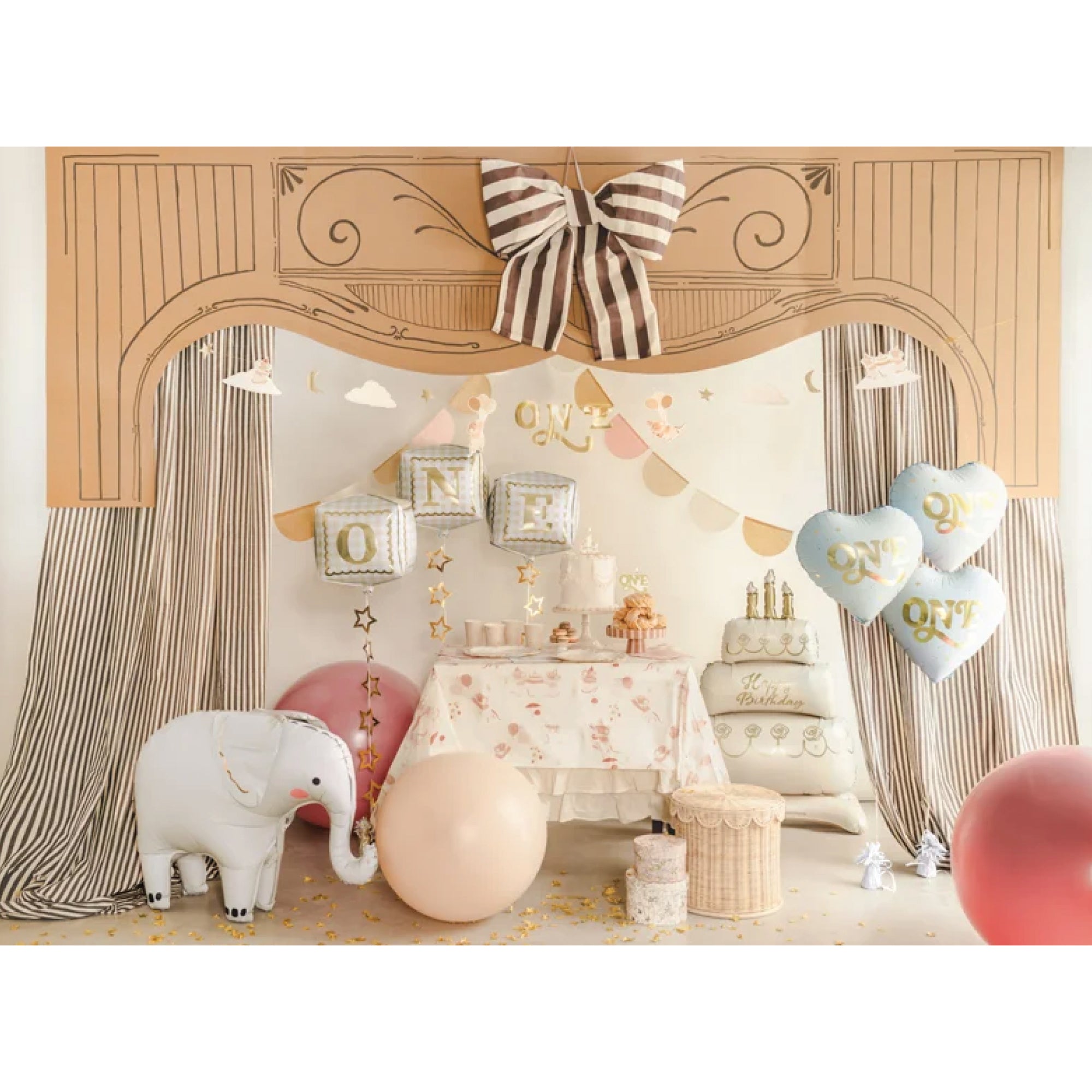 Gray elephant balloon with raised trunk and pink cheeks