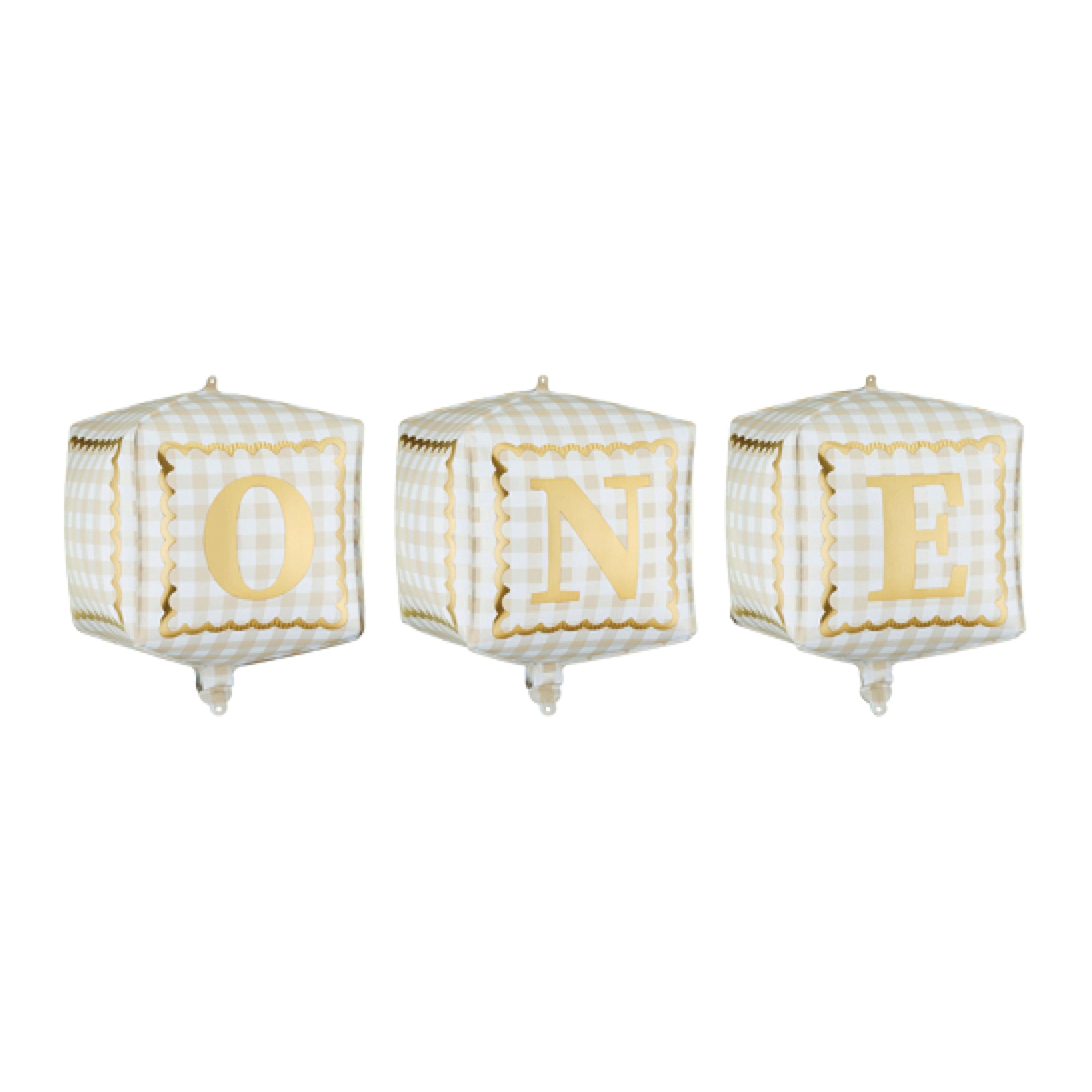 Three cream gingham cube foil balloons spelling ONE