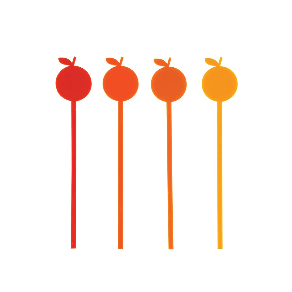 Acrylic drink stir sticks shaped like oranges in shades of orange