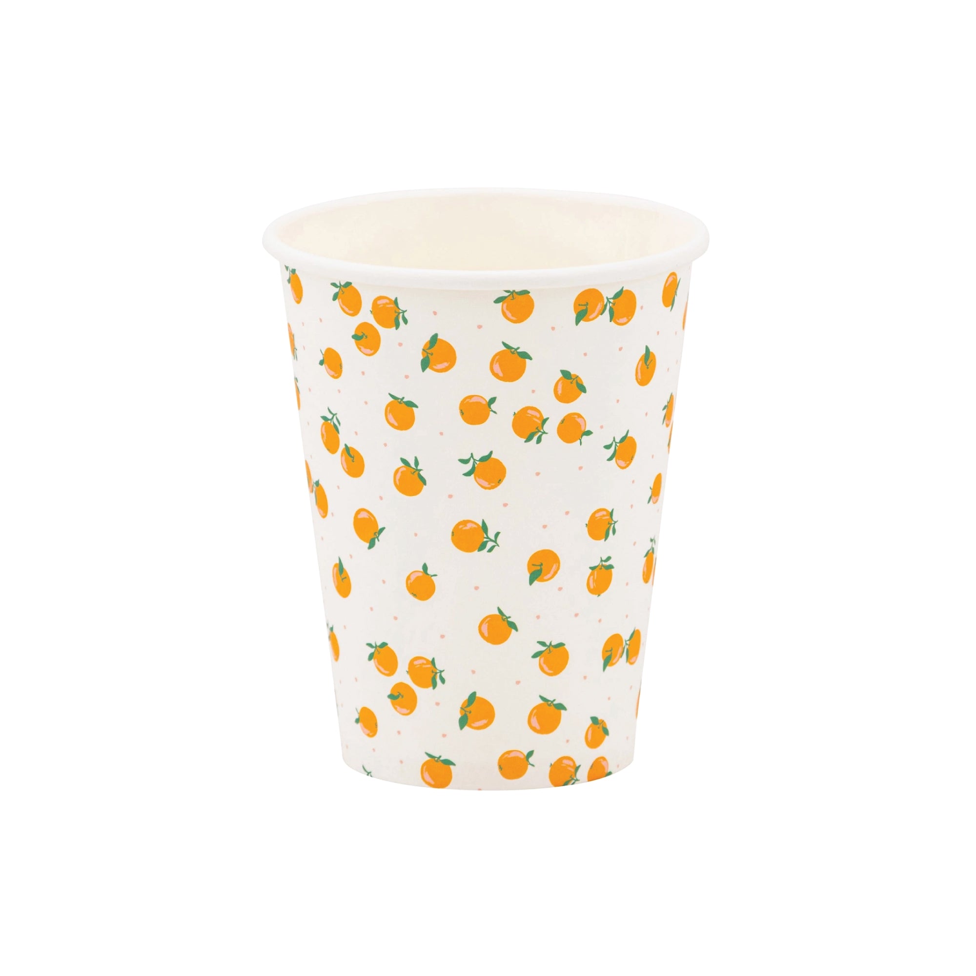 Orange grove party paper cups with orange fruit pattern