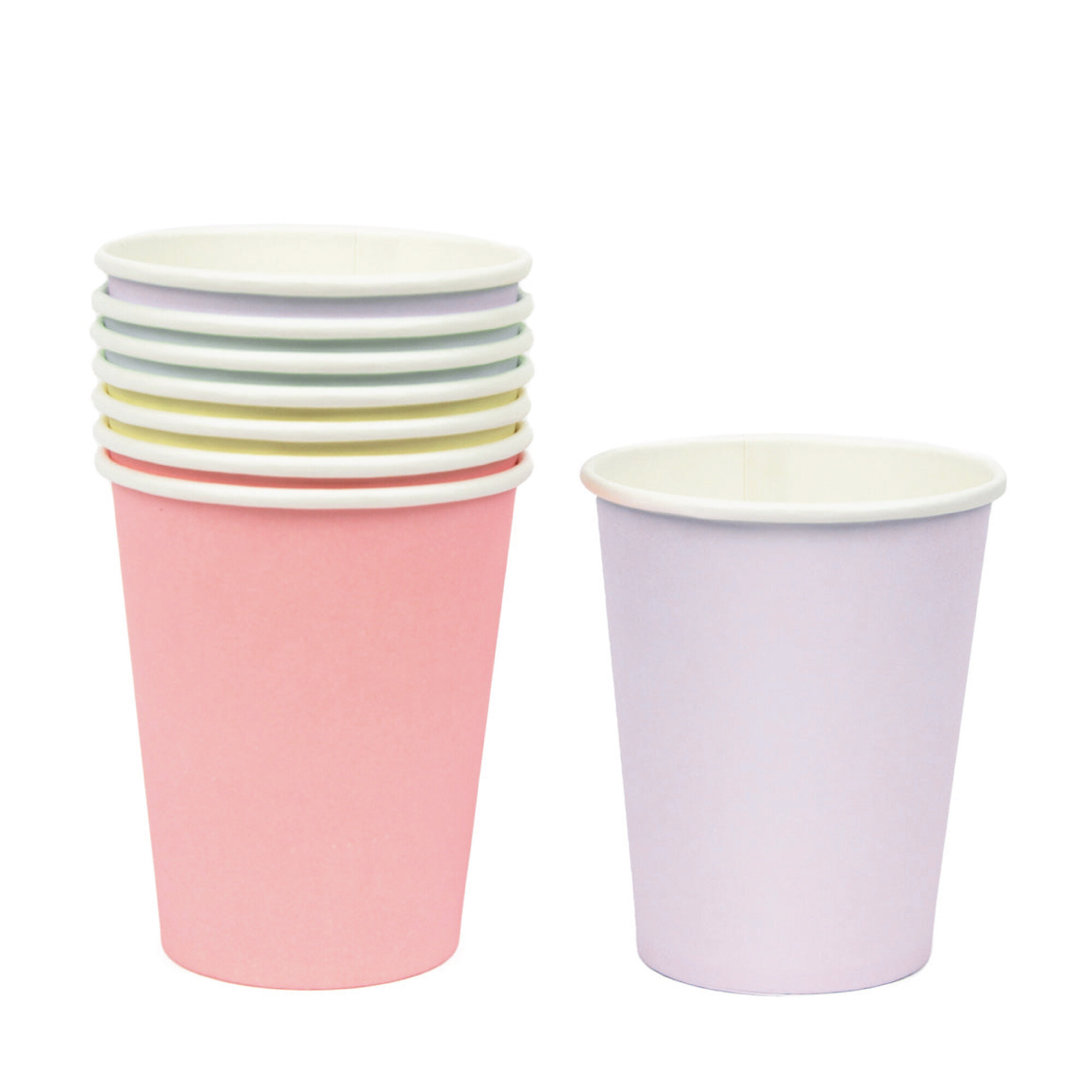 Pastel Multicolored Paper Cups in pink, yellow, green, and purple | The Party Darling