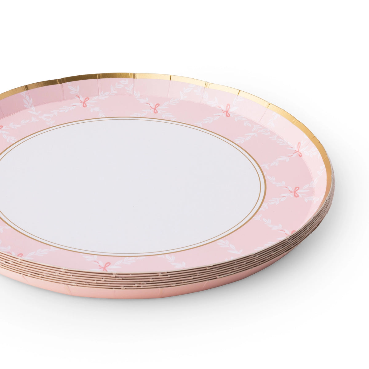 Pink dessert plate with bow trellis pattern and gold foil