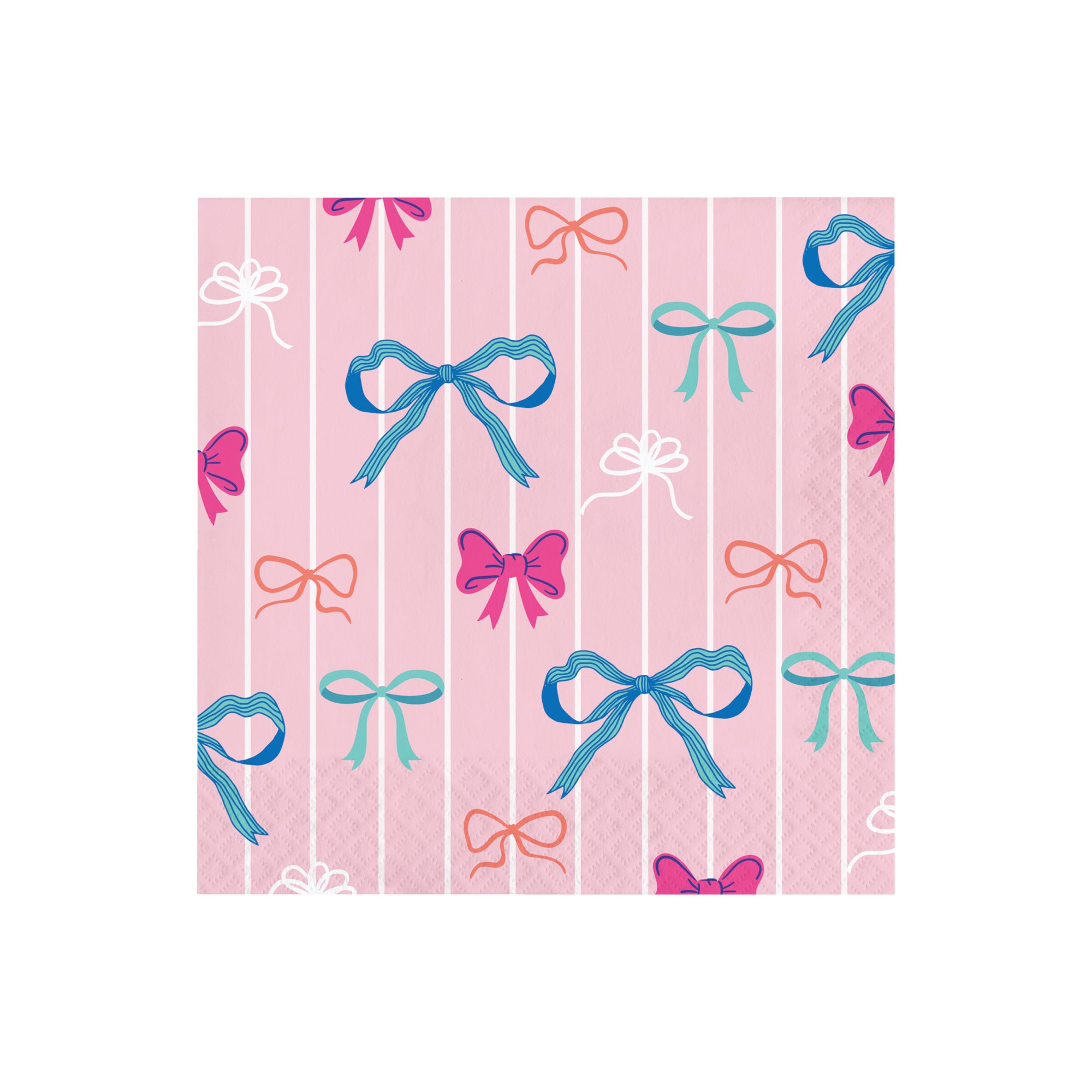 Pink lunch napkin with colorful bow illustrations
