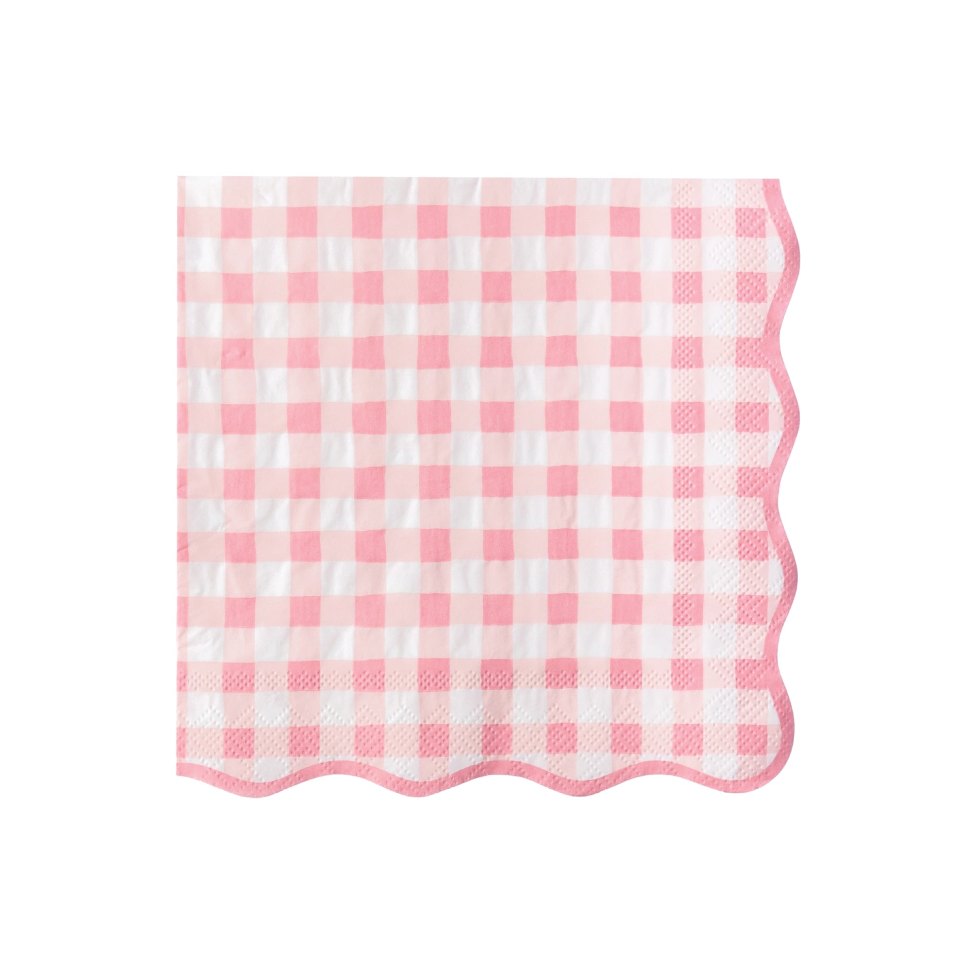 Pink gingham scalloped lunch napkins stacked on a white background