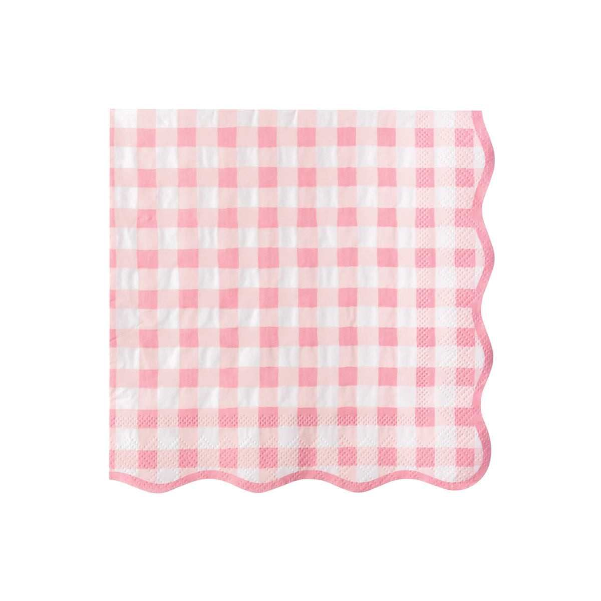 Pink gingham scalloped lunch napkins stacked on a white background