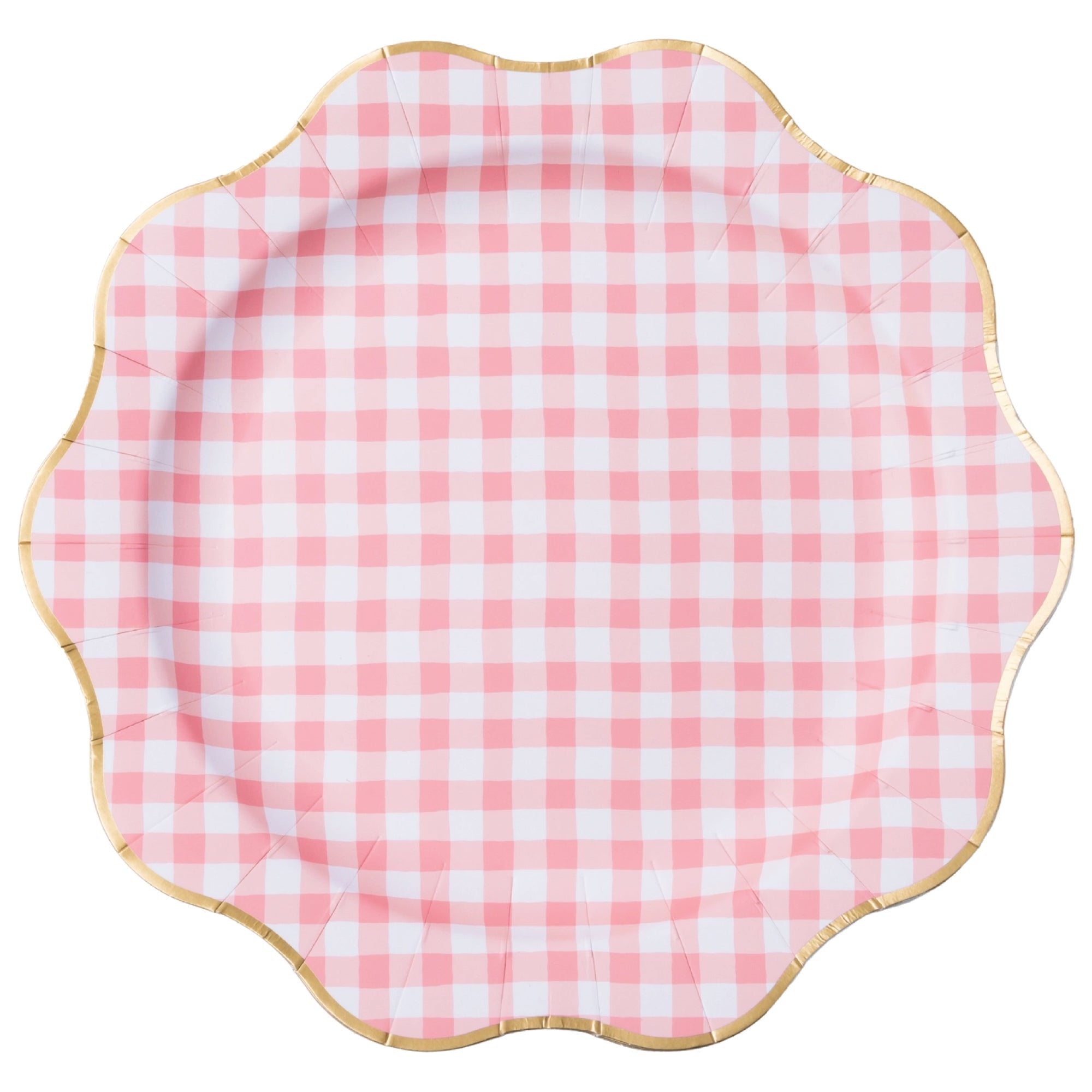 Pink gingham dinner plates with gold foil scalloped edge