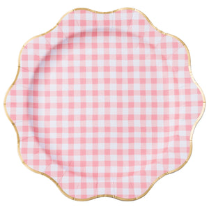 Pink gingham dinner plates with gold foil scalloped edge