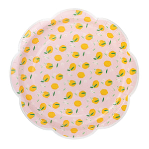 Pink lemon scalloped Dessert plates with yellow citrus pattern