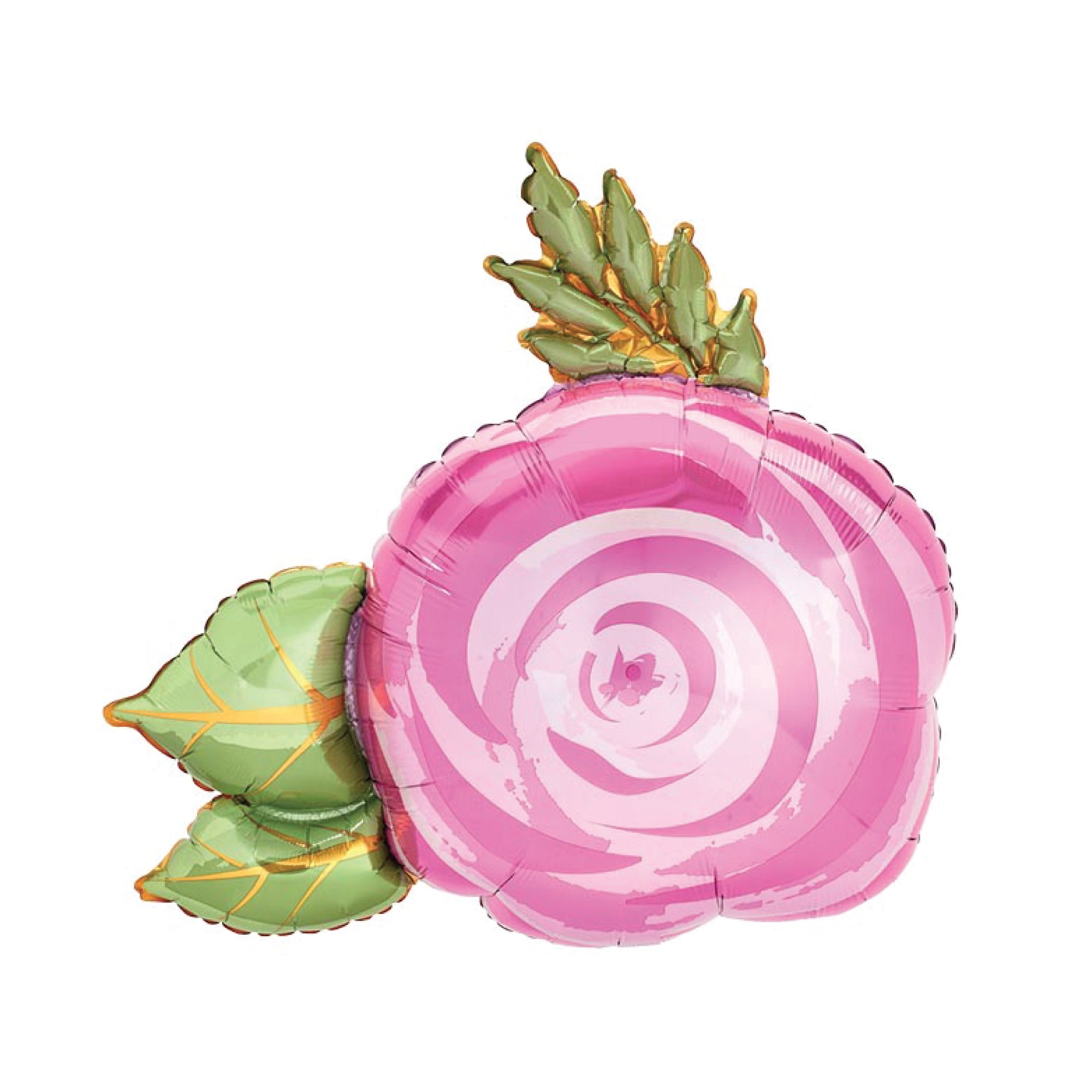 Pink rose shaped foil balloon with green leaves