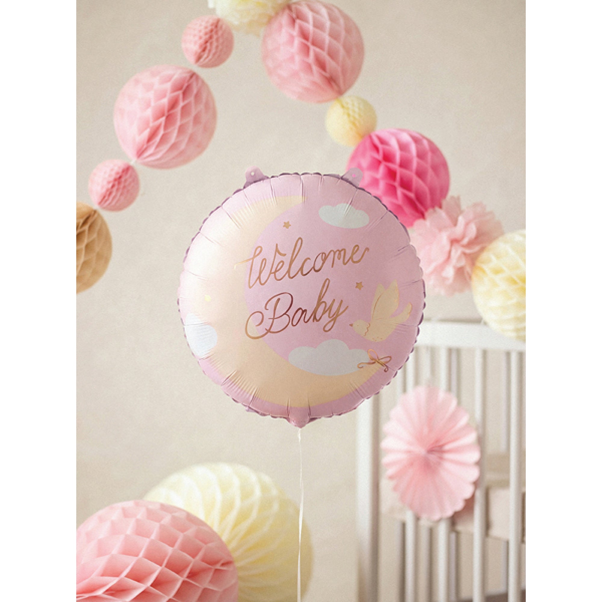 Round pink baby shower balloon with Welcome Baby script