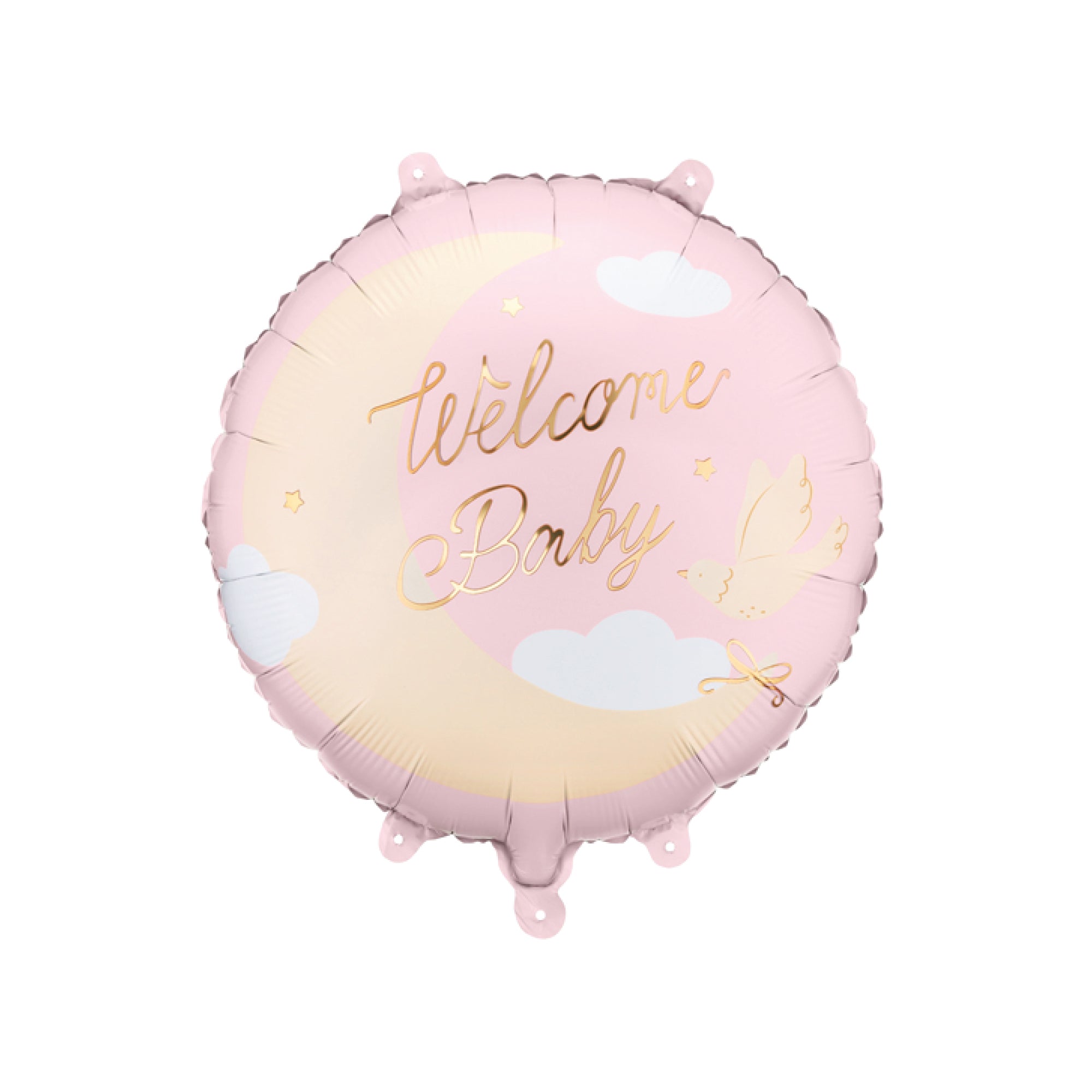 Pink Welcome Baby foil balloon with gold moon and clouds