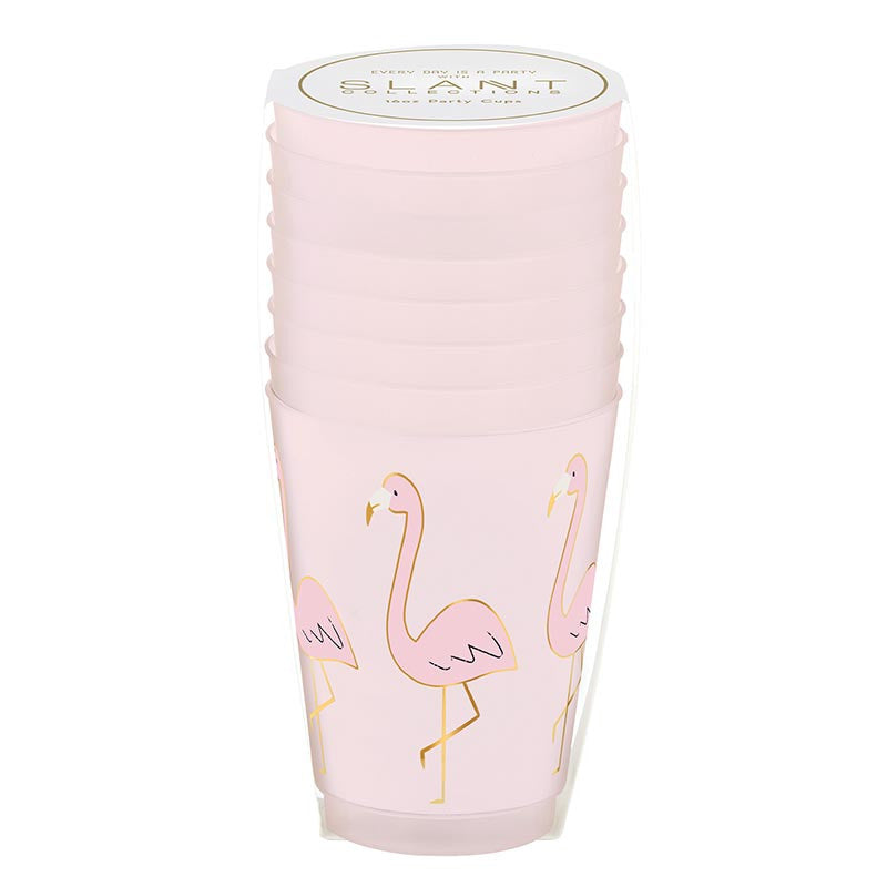 Stacked pink flamingo plastic cups in packaging