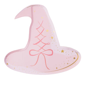 Pink witch hat-shaped plate with lace-up detail and gold foil stars.