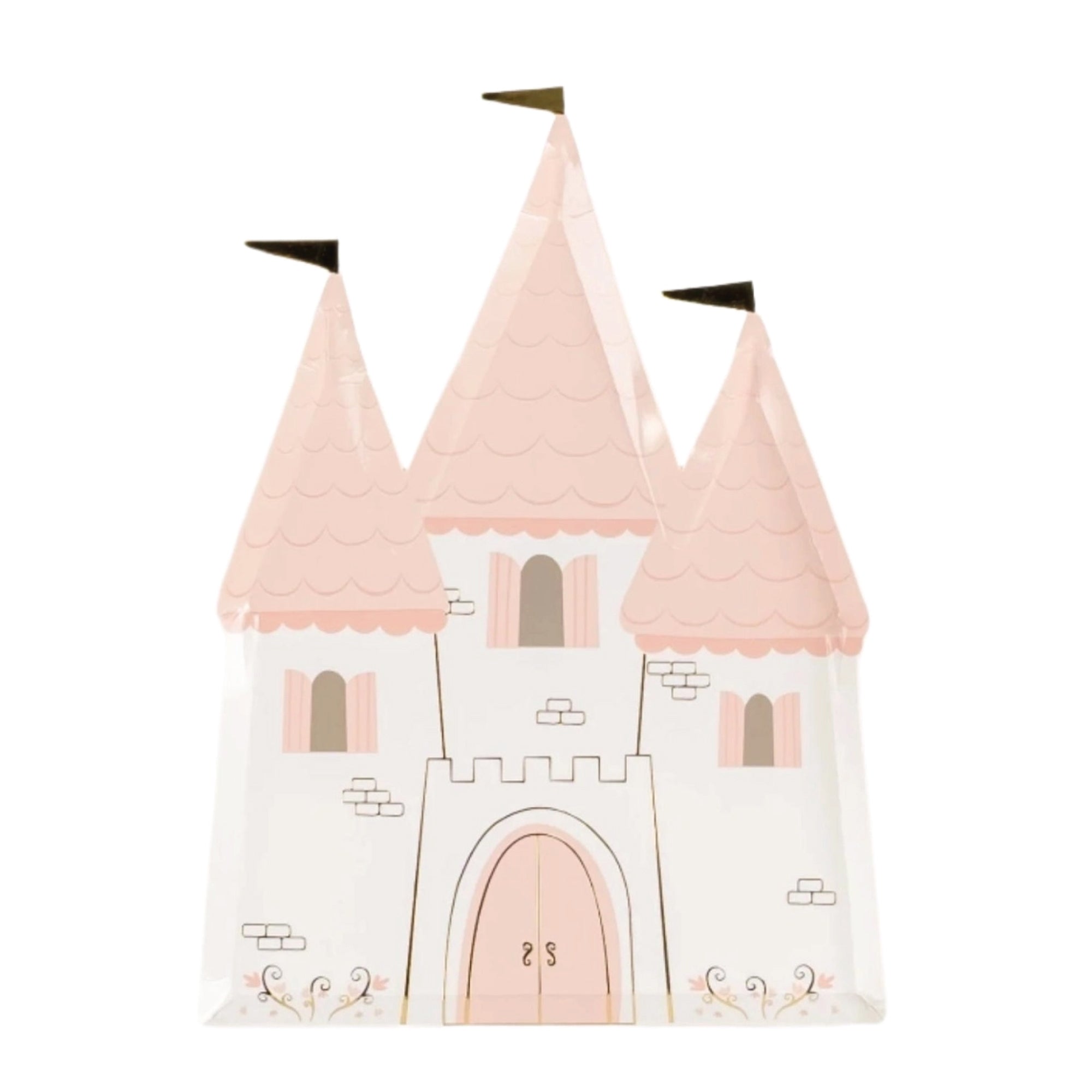 Princess castle shaped dessert plates with pink illustration and gold foil accents