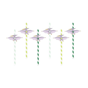 Green & White Striped Pterodactyl Paper Straws 6ct | The Party Darling