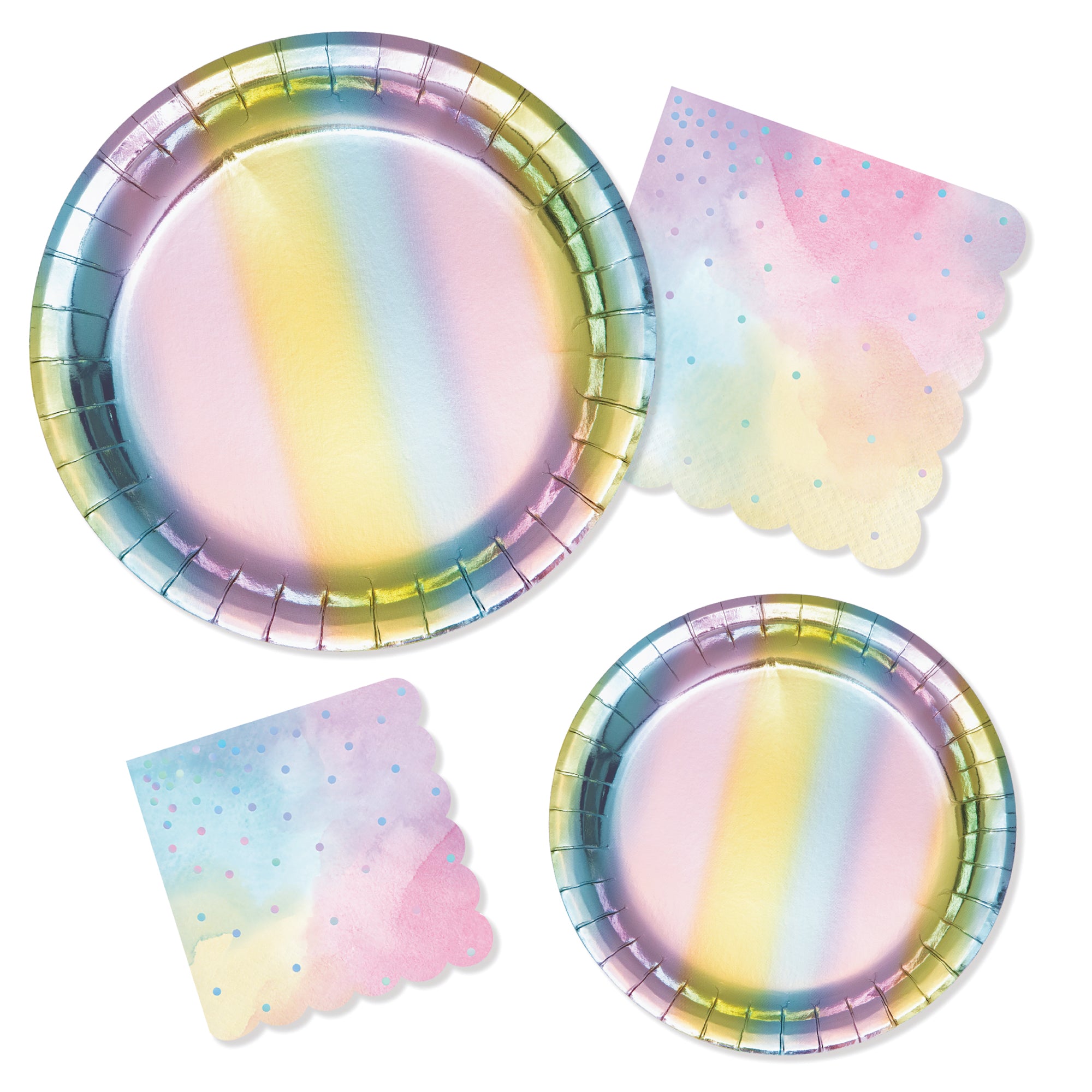 Rainbow paper plate with pink, blue, yellow, and green tones