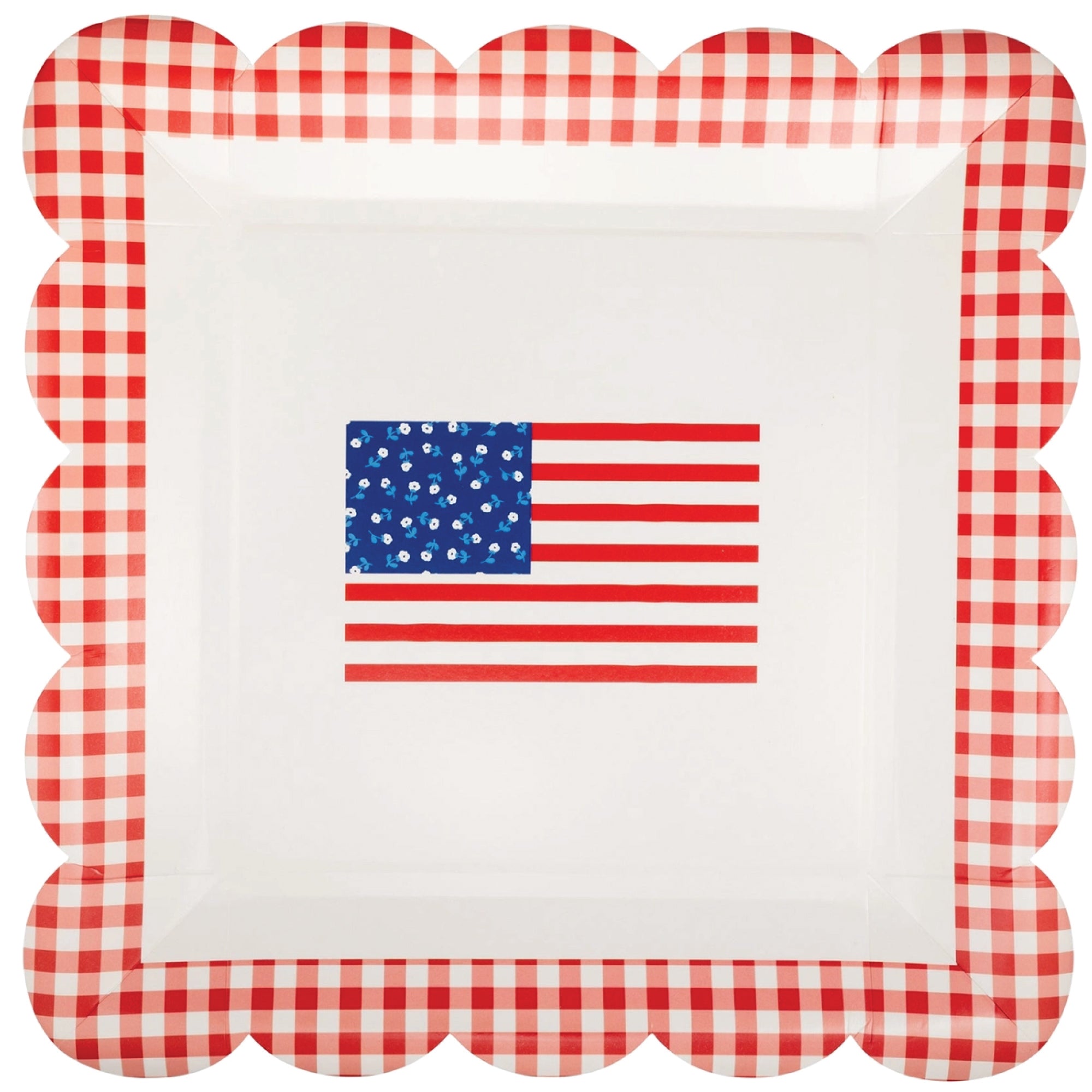 Square scalloped dinner plate with red gingham border and flag design