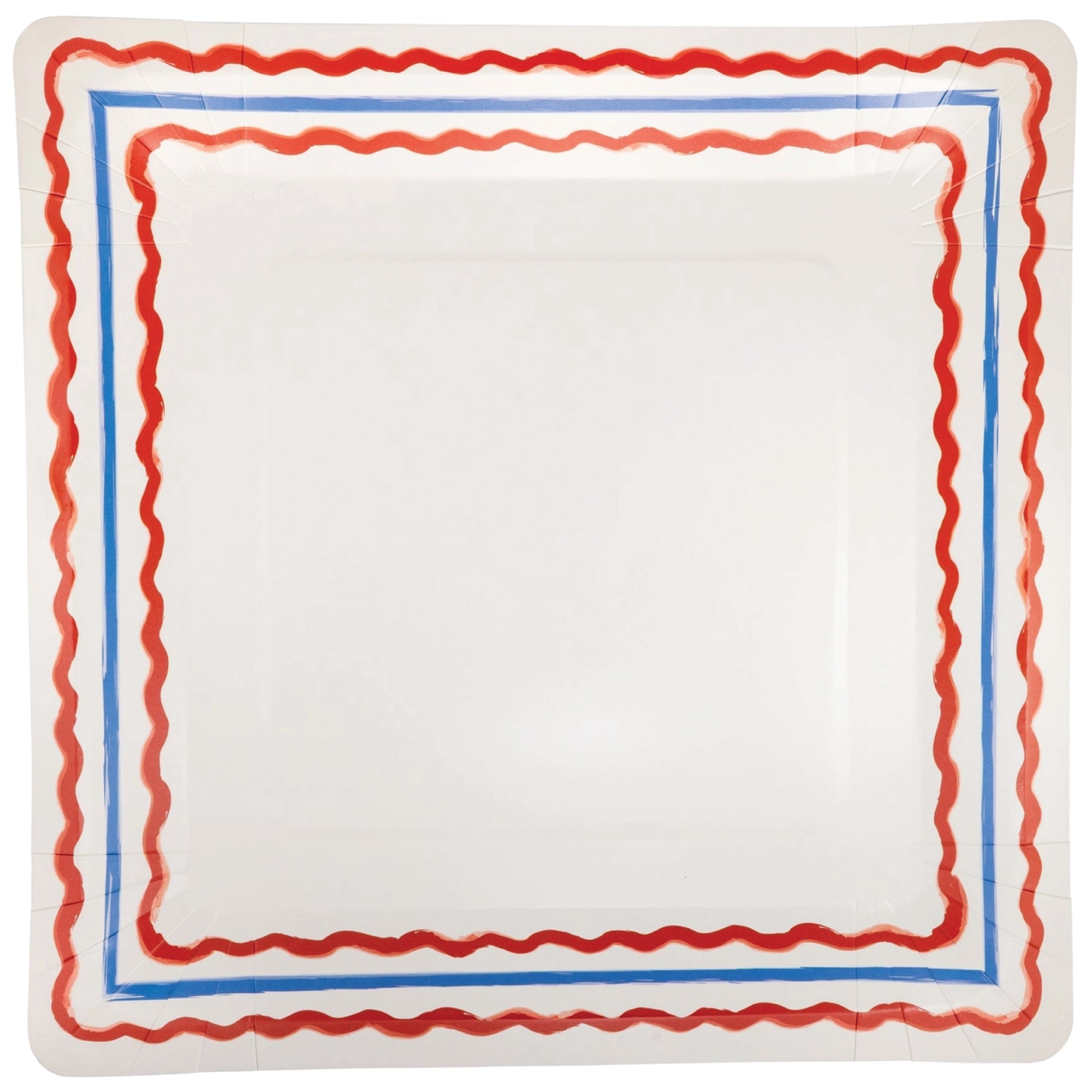 White dinner plate with red wavy and blue border detail