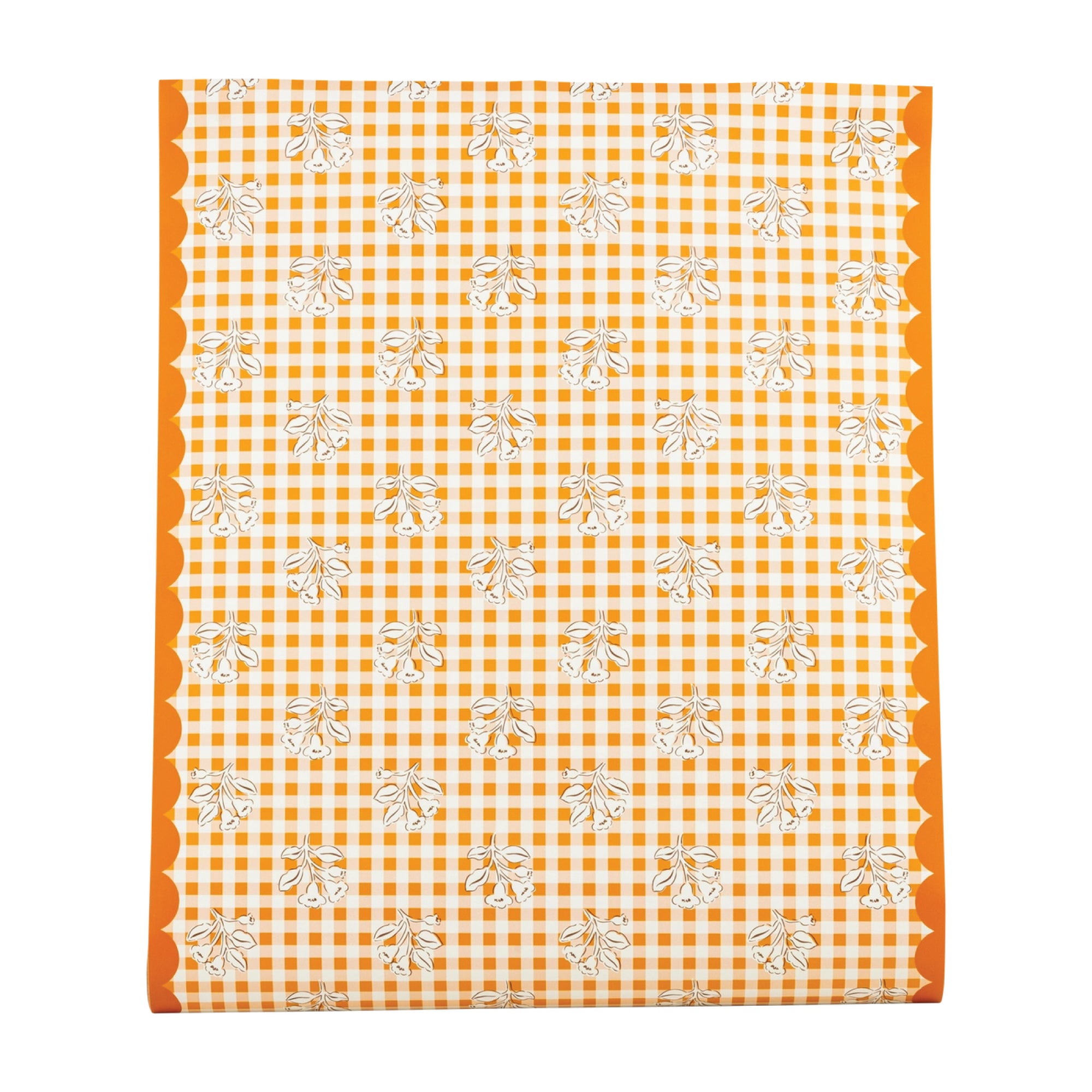 Rust Gingham and Floral Paper Table Runner with orange and cream checks