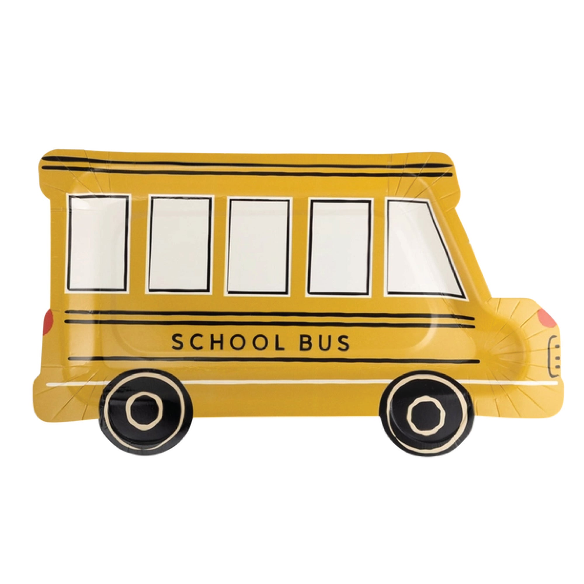 School bus shaped paper plate in yellow with black details