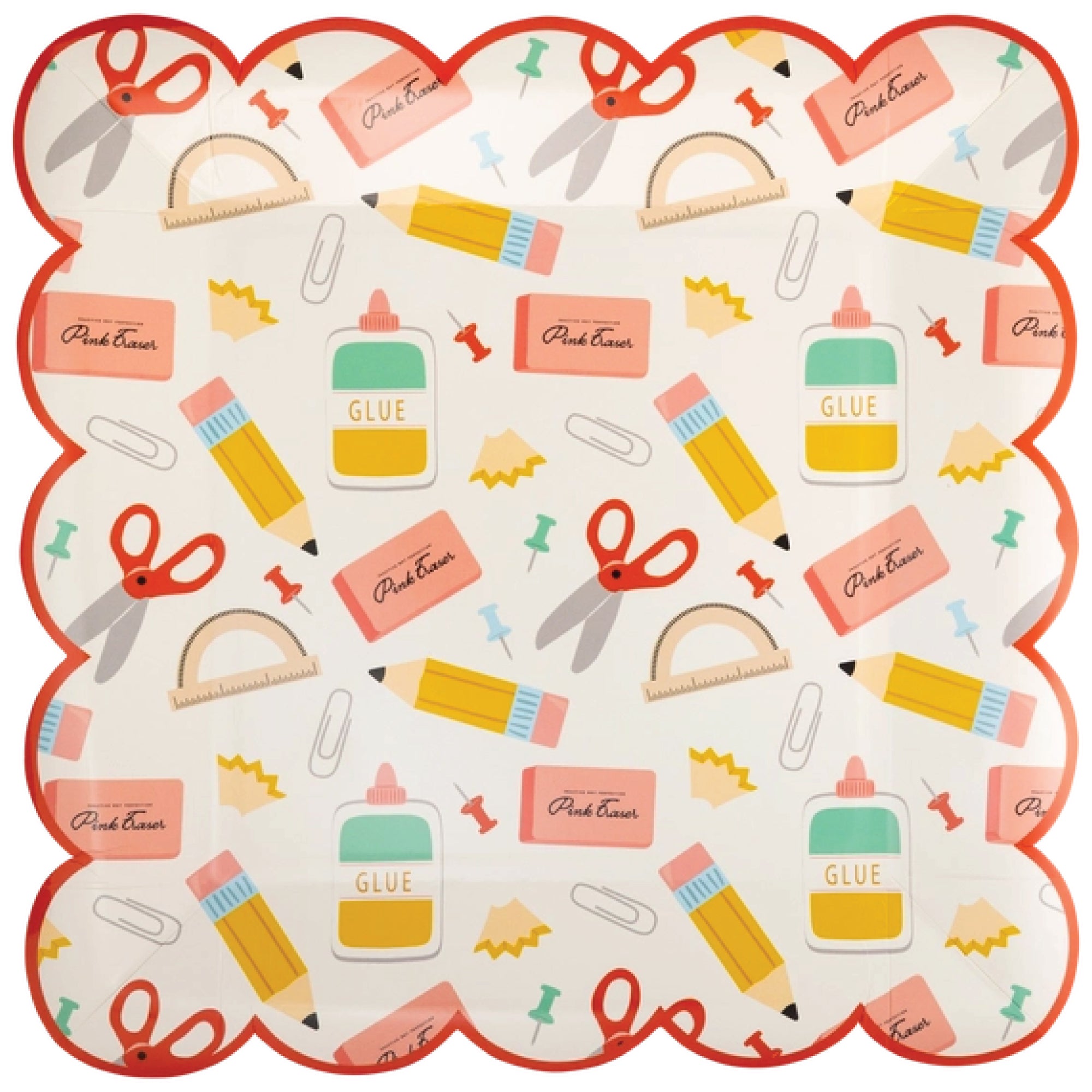 Scalloped dinner plates with school supply icons pattern