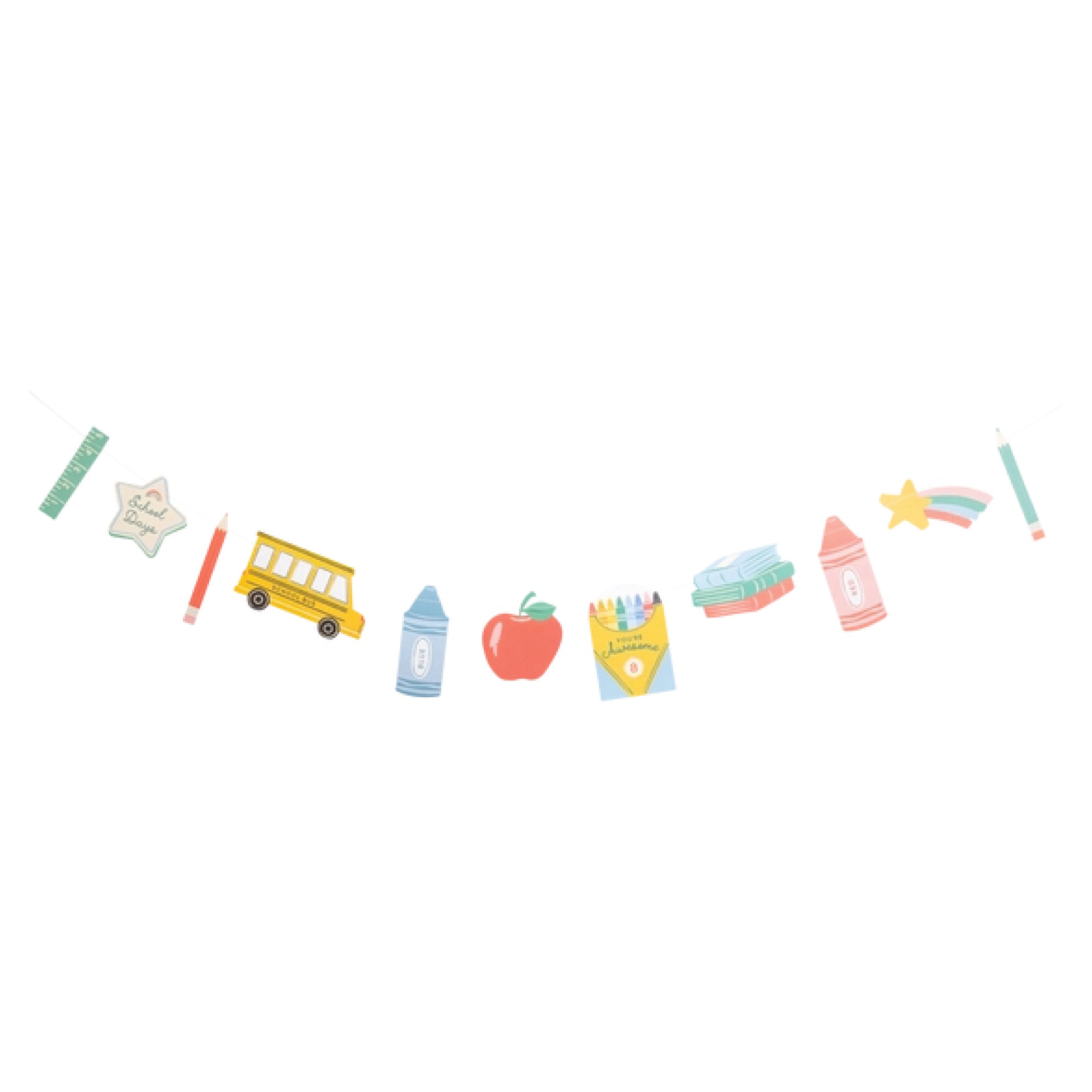 School themed banner with bus apple and crayon icons