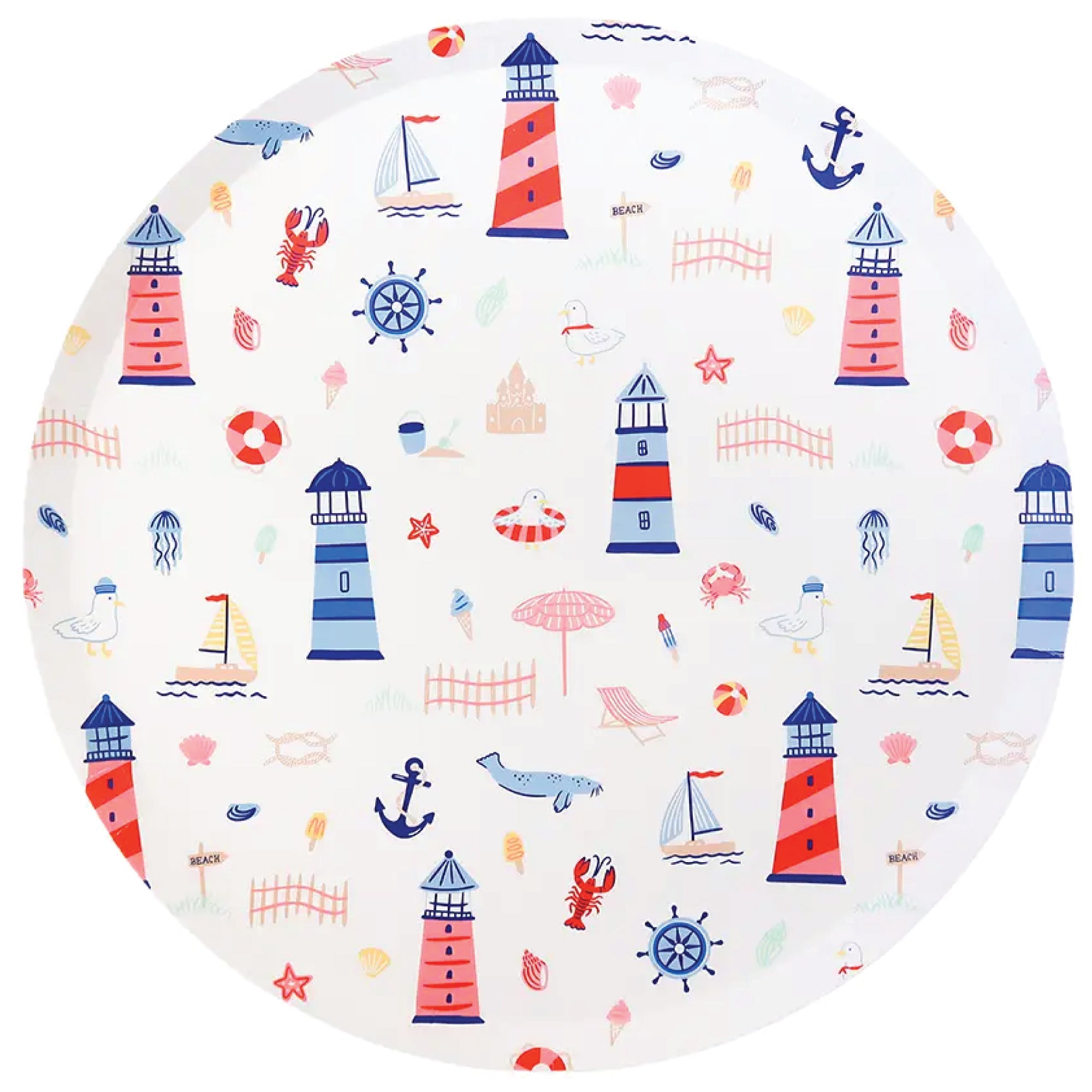 Beach-themed plates featuring lighthouses, sailboats, anchors, and crabs