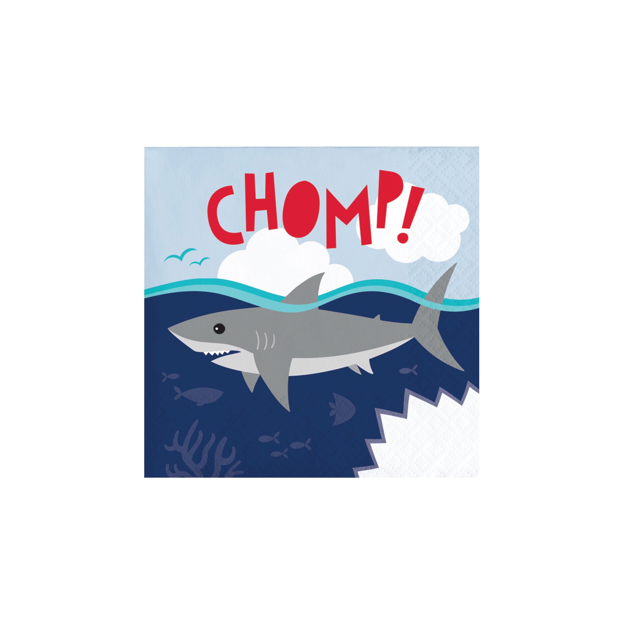 Shark party dessert napkin with Chomp text