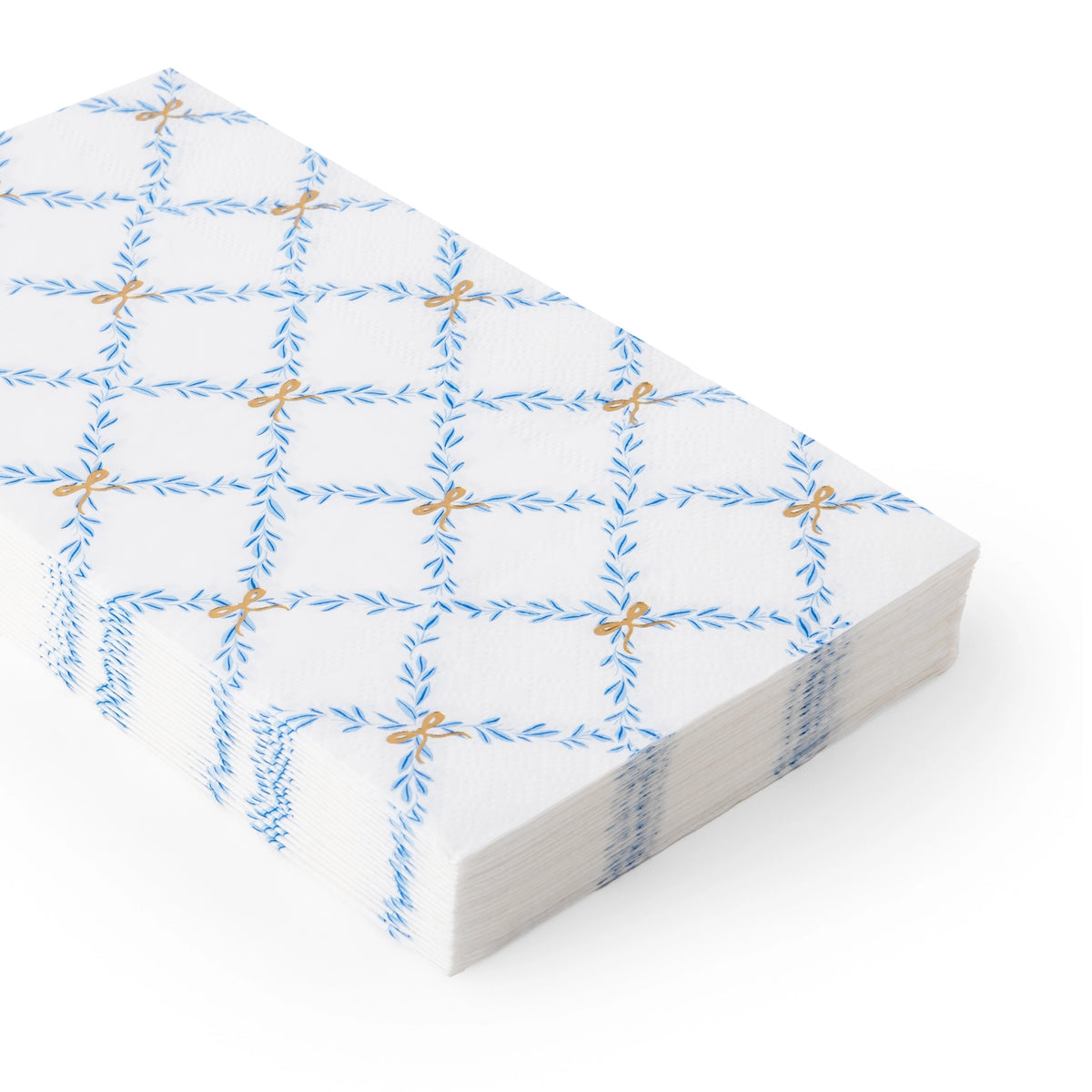 Elegant blue trellis patterned with gold bow guest towels for baby showers