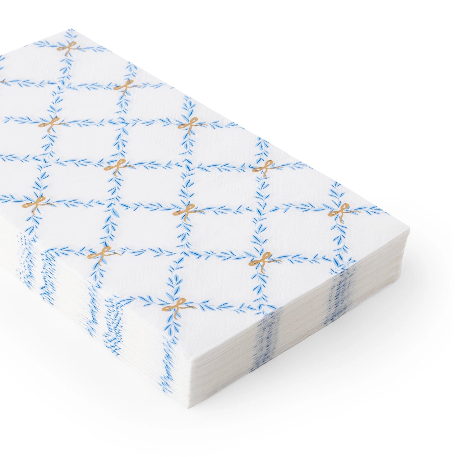 Blue bow trellis guest towels with gold foil bow accents