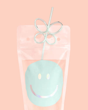 Blue Smily Drink Pouch & Butterfly Straw | The Party Darling