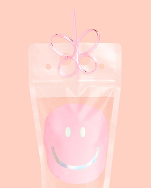 Pink Smily Drink Pouch & Butterfly Straw | The Party Darling
