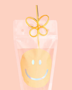 Yellow Smily Drink Pouch & Butterfly Straw | The Party Darling
