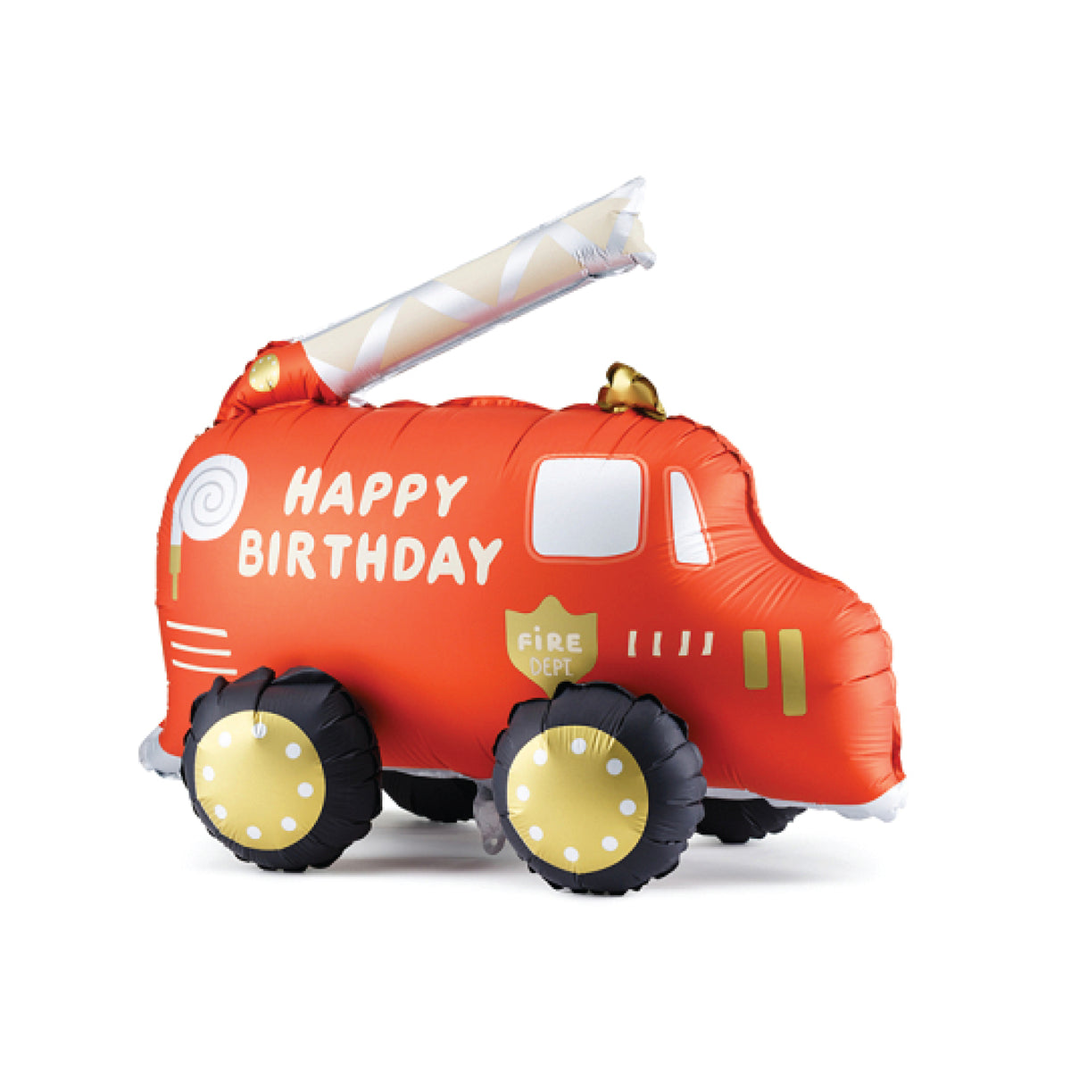 Standing Happy Birthday Fire Truck Foil Balloon in red and gold
